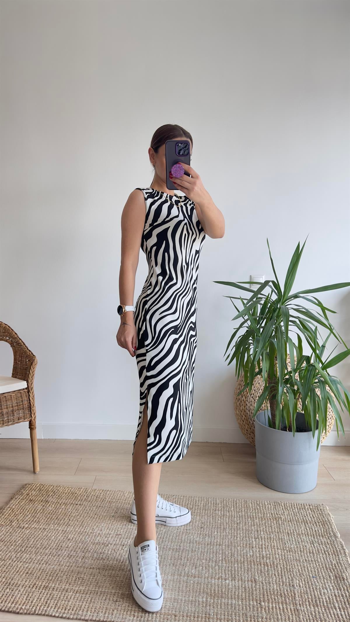Flori Zebra Desen Yırtmaçlı Elbise