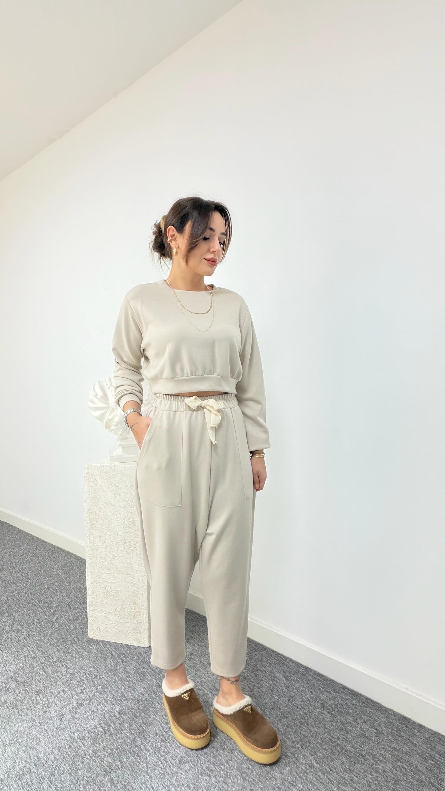 Bej Crop Sweat Modal Takım