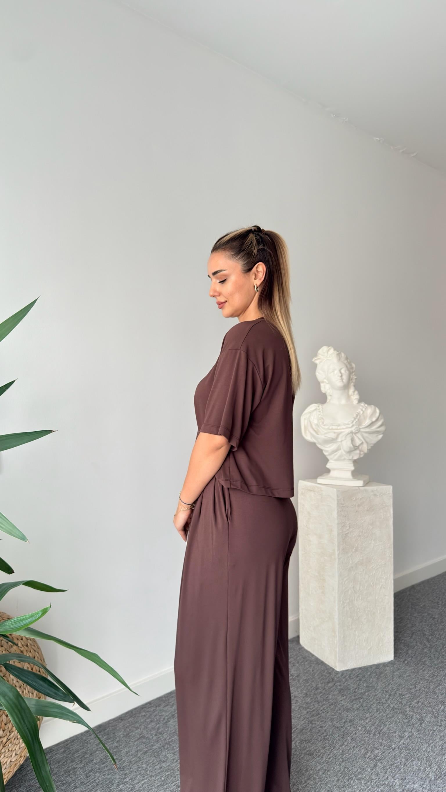 Kahve Gablit Pile Detaylı İkili Takım