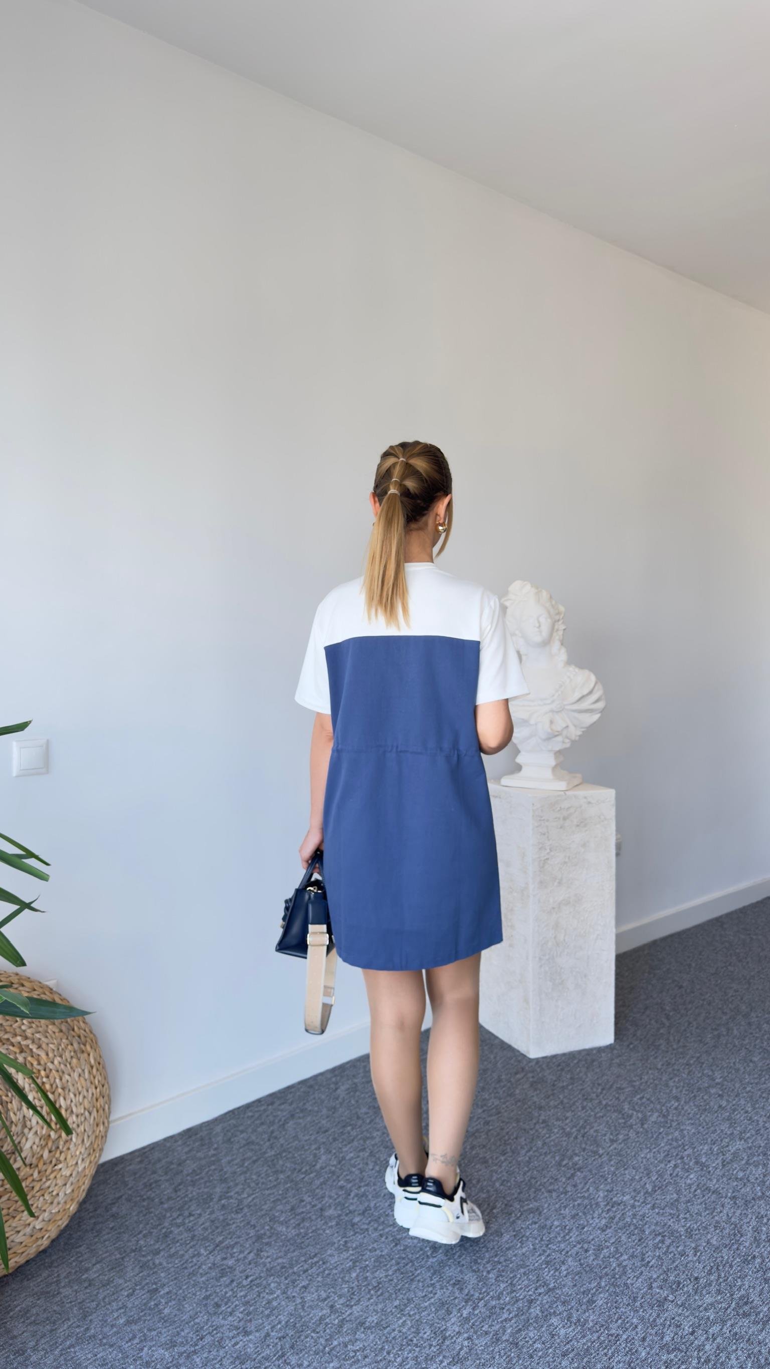 Derno Tshirt Detaylı Mavi Gabardin Elbise 