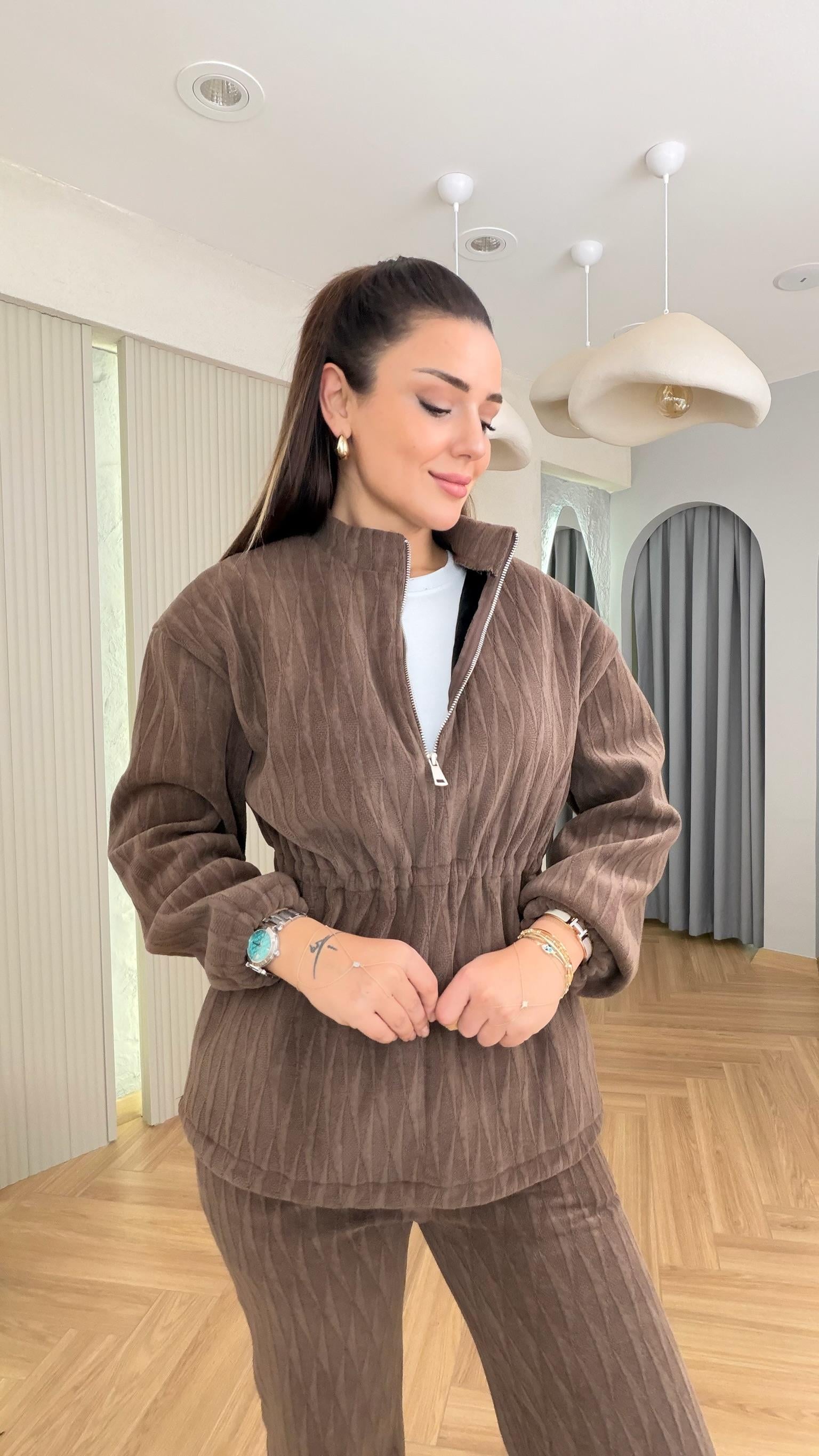 Kahve Nisi İçi Polarlı Sweat Takım