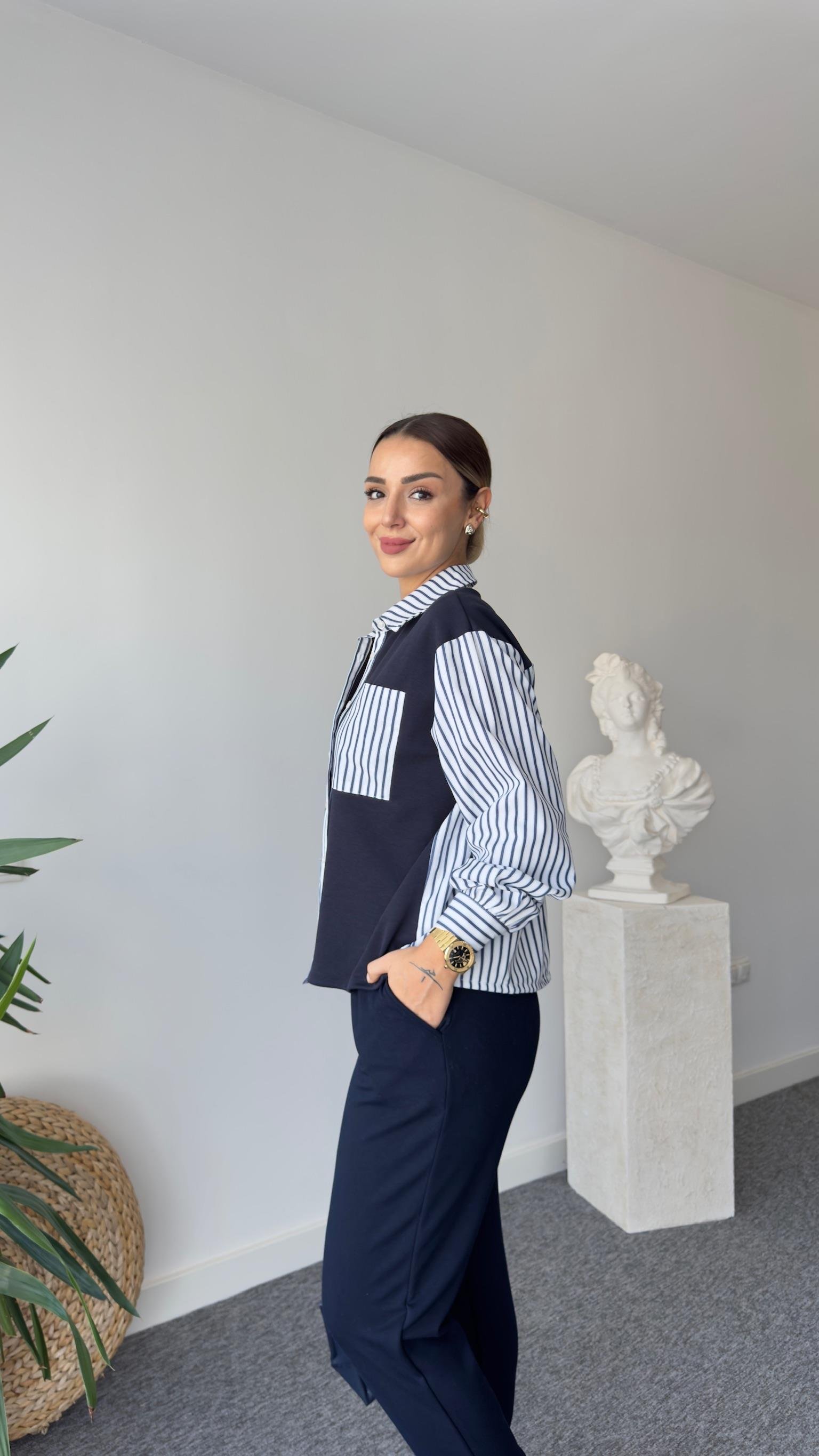 Ezela Çizgili Poplin Garnili Sweatshirt