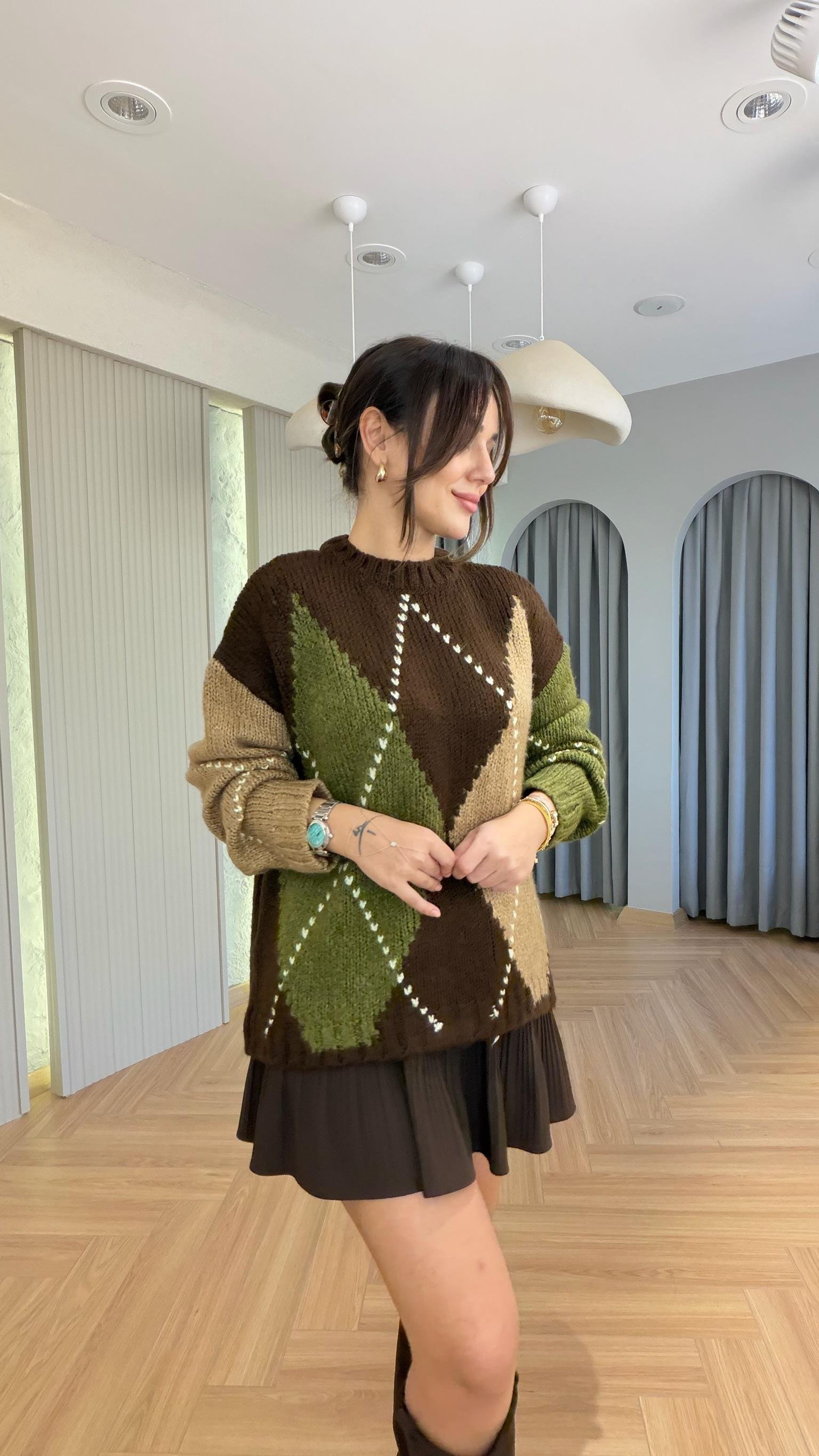Kahve Marno Zra Model Baklava Desen Kazak