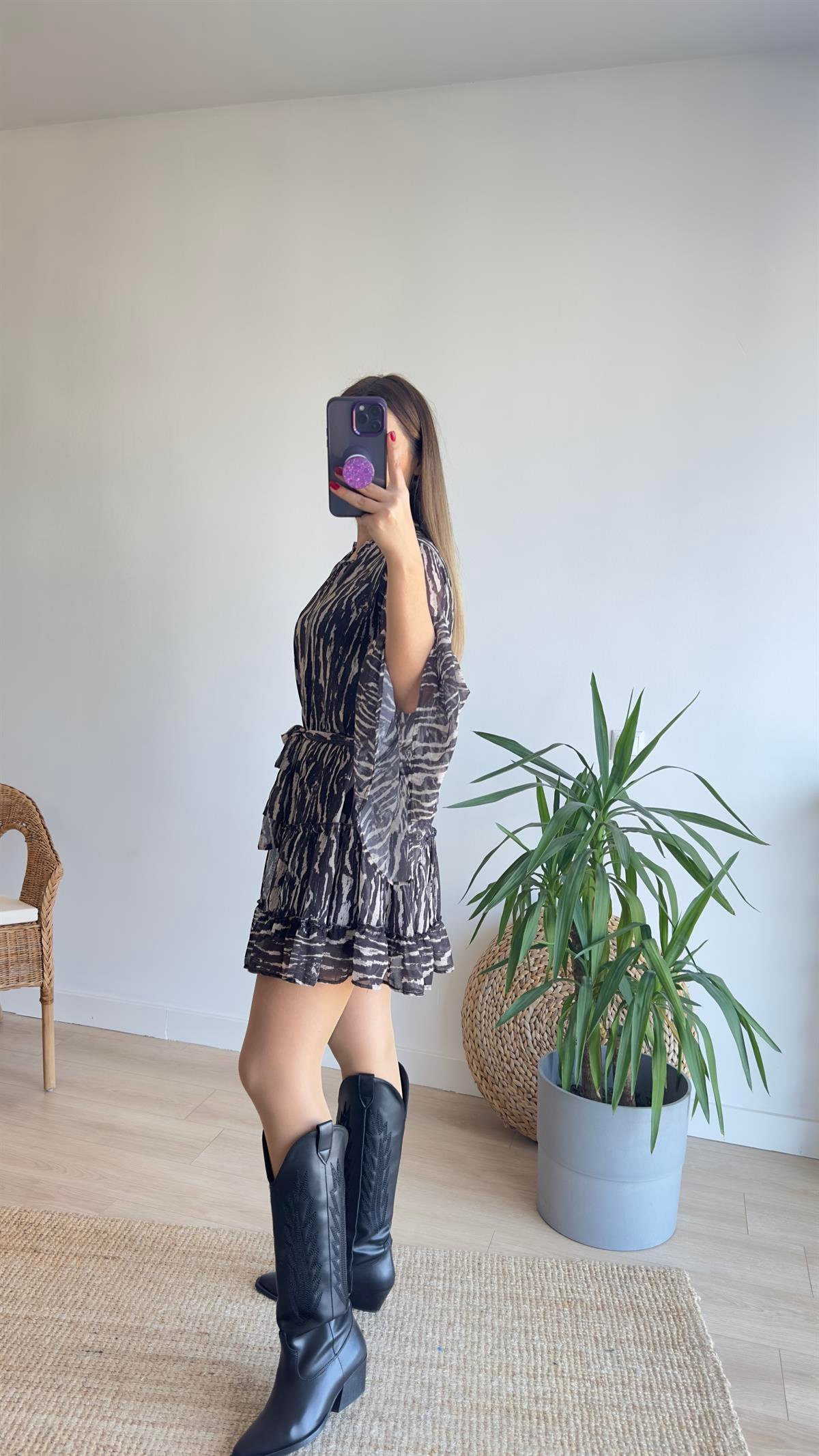 Zebra Desen Astarlı Şifon Elbise