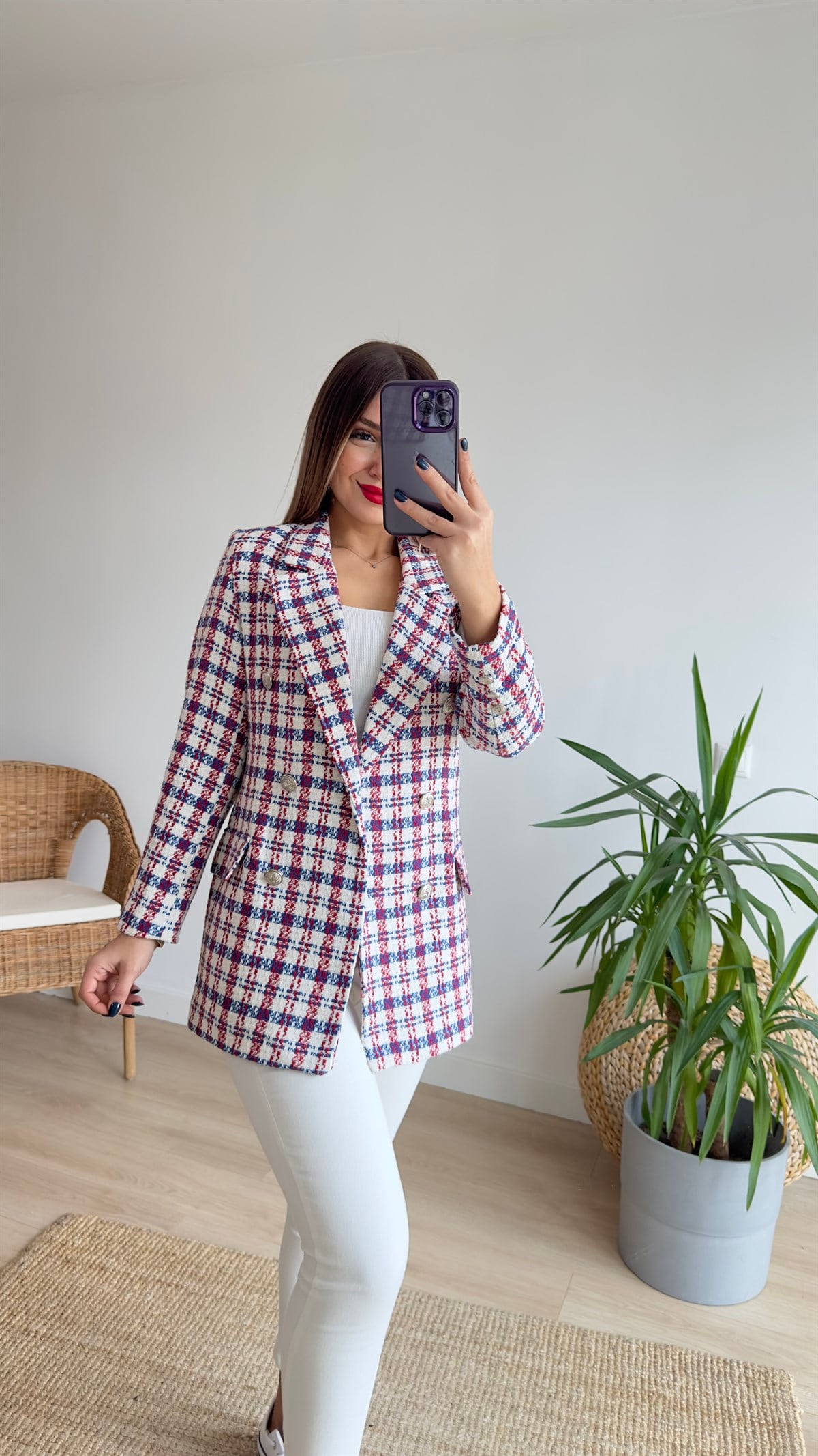 Kırmızı Mavi Ekoseli Blazer Ceket 