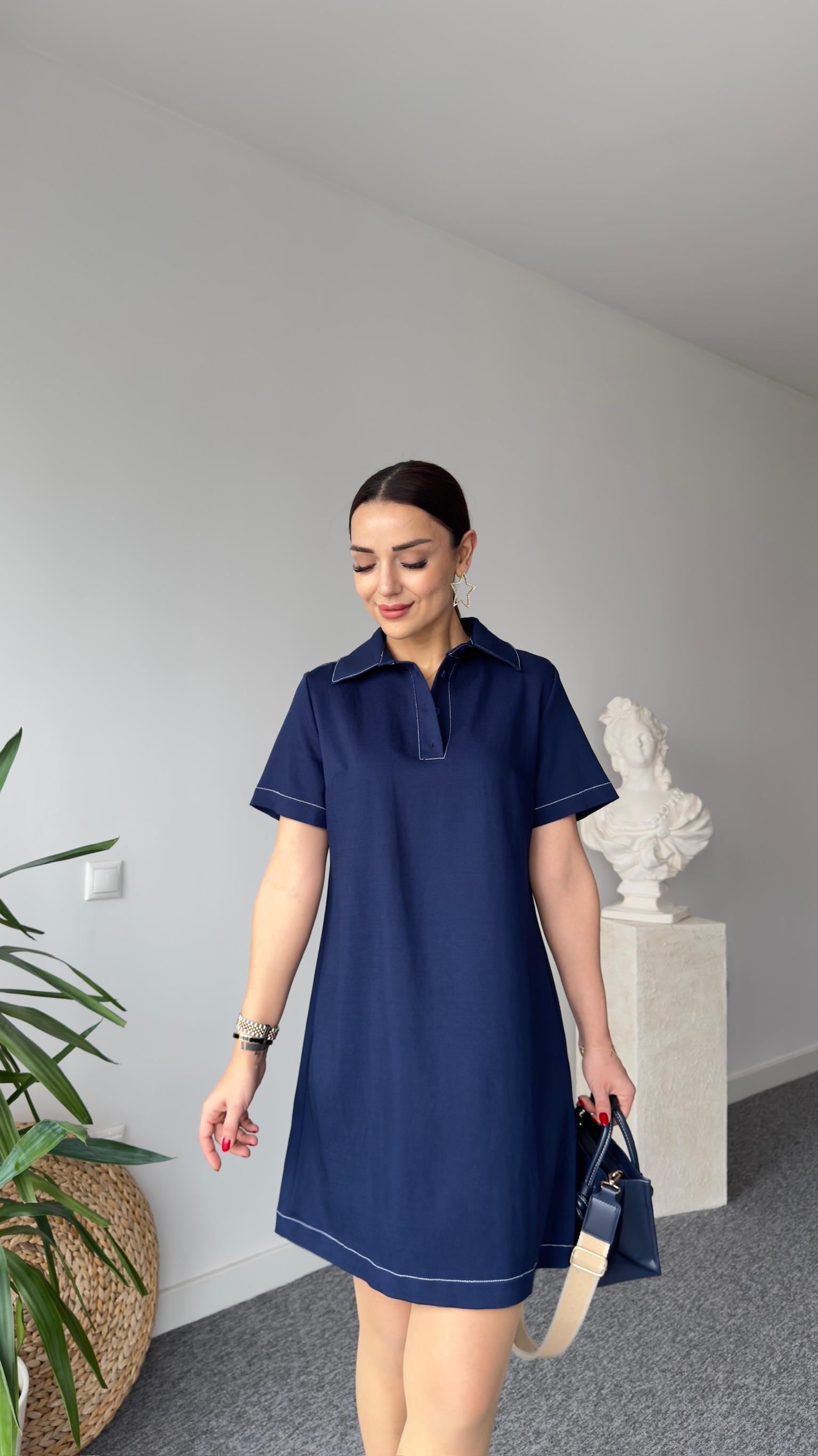 Dikiş Detaylı Polo Yaka Laci Basic Elbise 