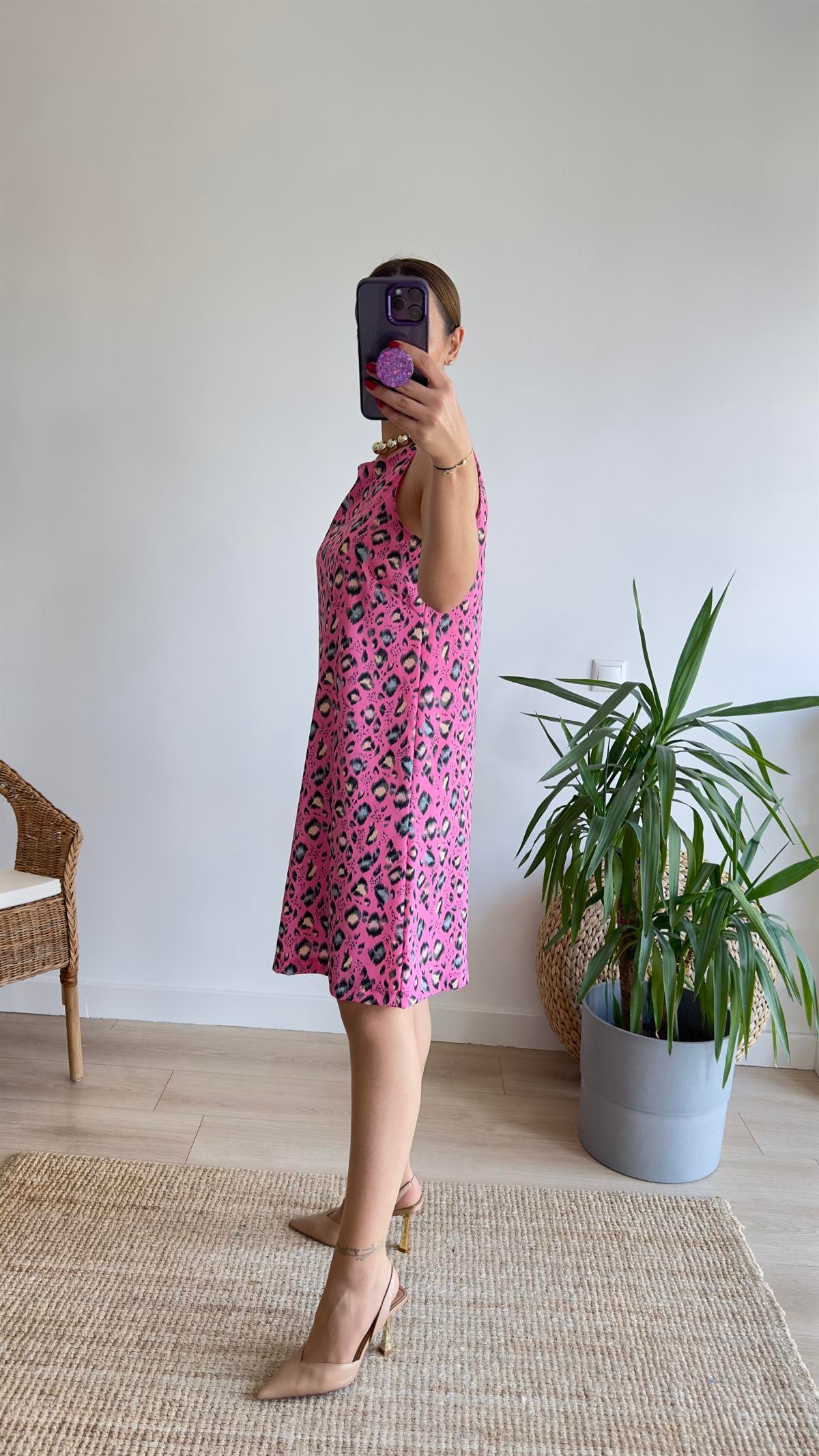 Rovena Leopar Desenli Pembe Elbise 