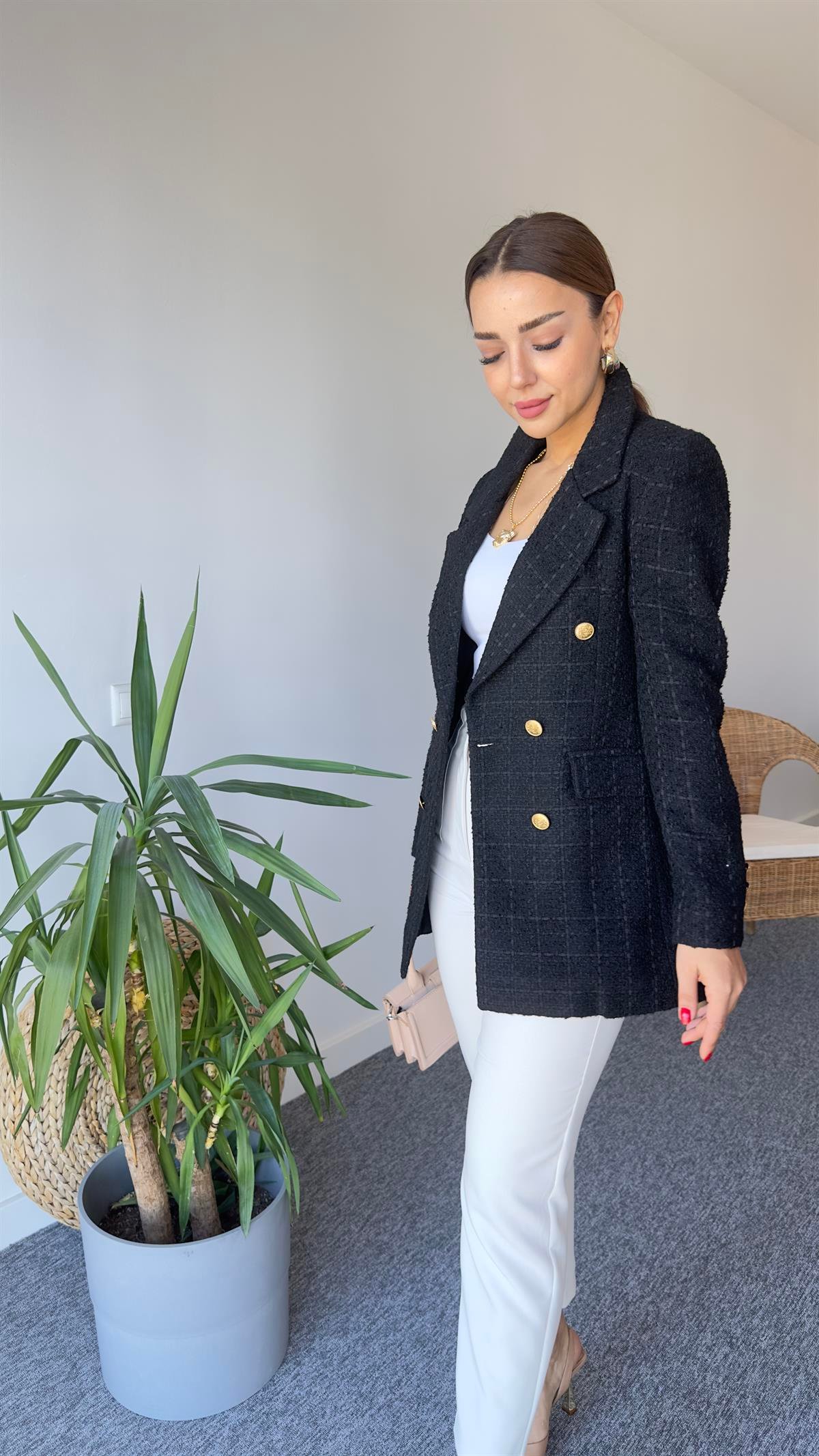 Gold Düğme Siyah Tüvit Blazer Ceket