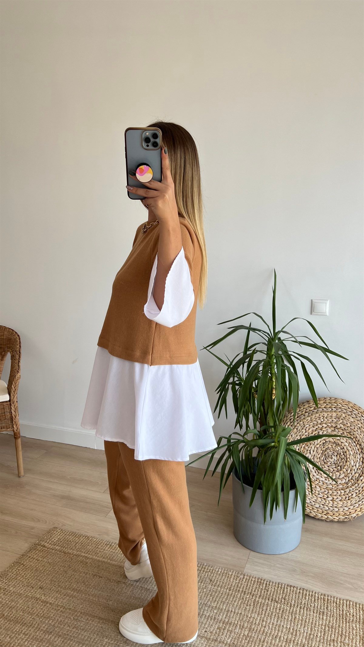 Camel Gömlek Detaylı Bluz Pantolon Takım