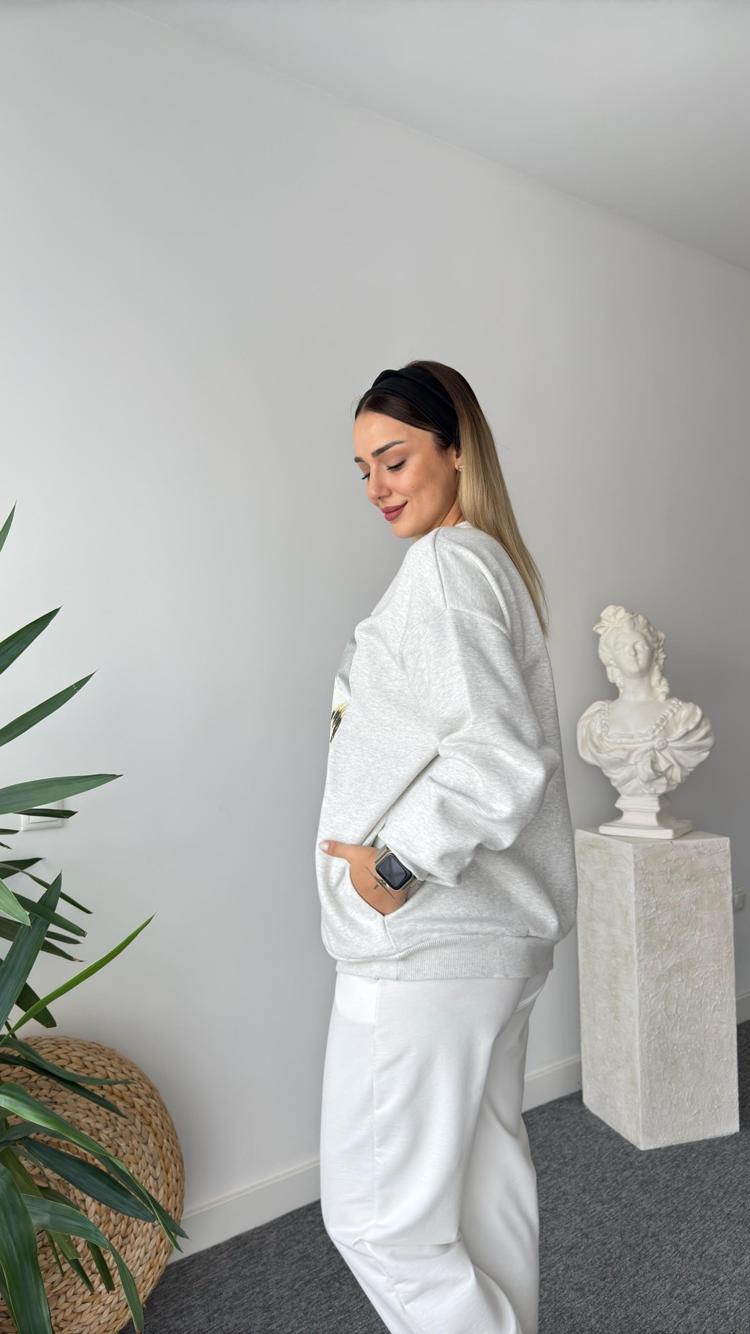 Gilma Kız Baskılı Varaklı Gri Sweatshirt