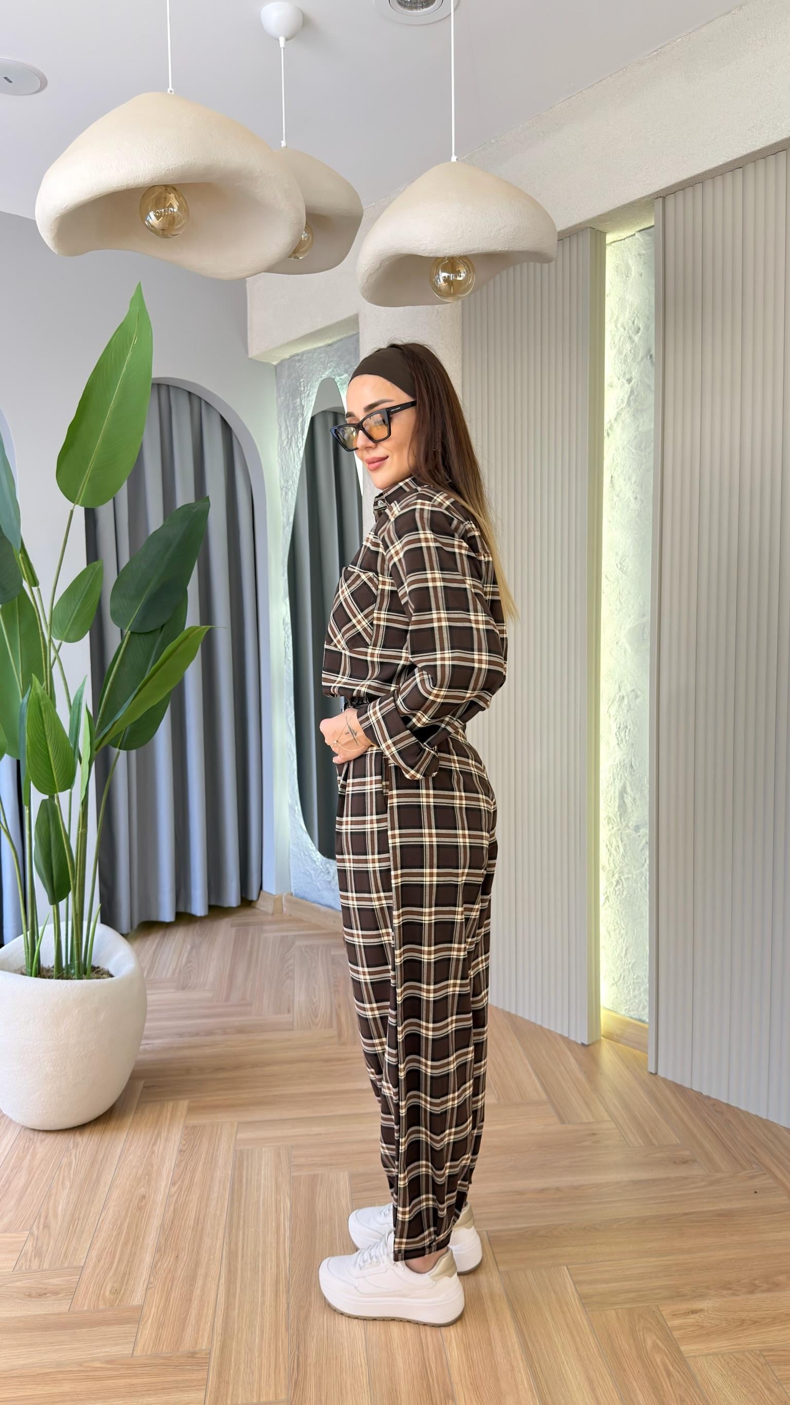 Bej Ekoseli Reyna Kemerli Balon Pantolon 