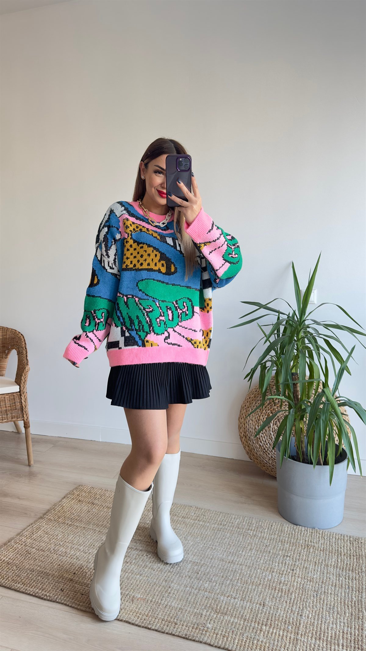 Renkli Desenli Tasarım Pembe Kazak