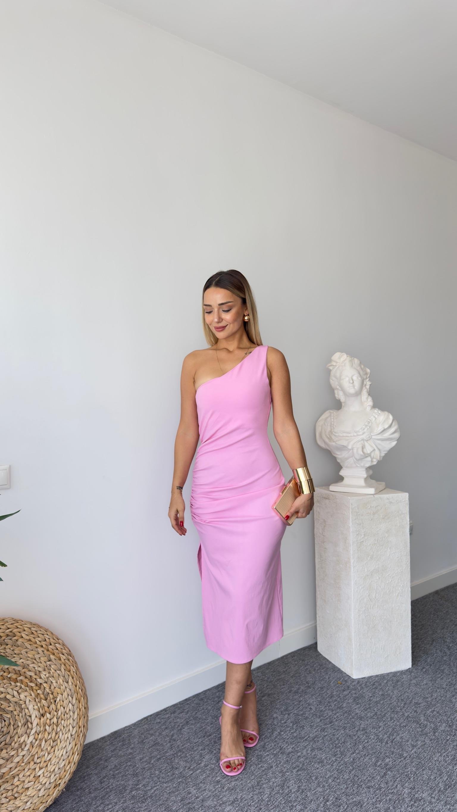 Pembe Tek Omuz Likralı Elbise 