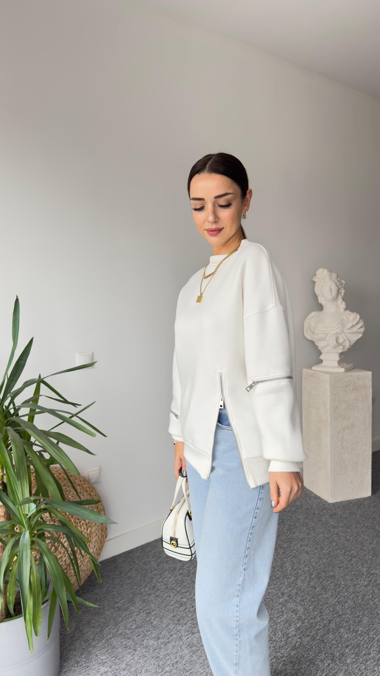 Legra Fermuar Detaylı Beyaz Sweatshirt