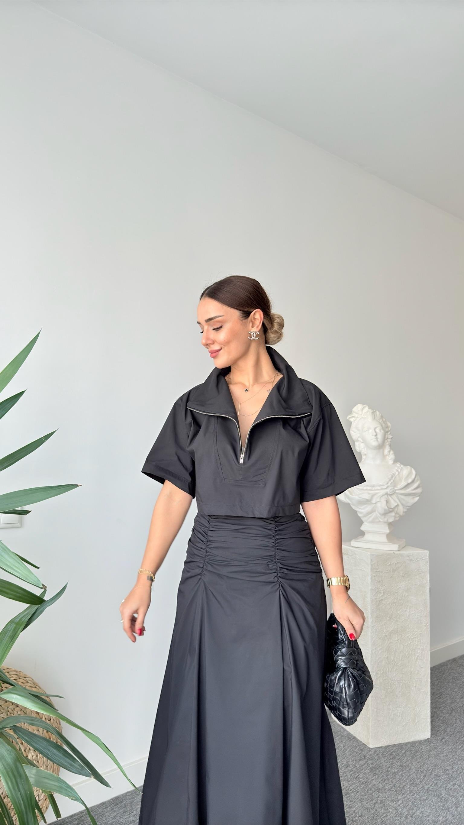 Quel Fermuarlı Siyah Poplin Bluz