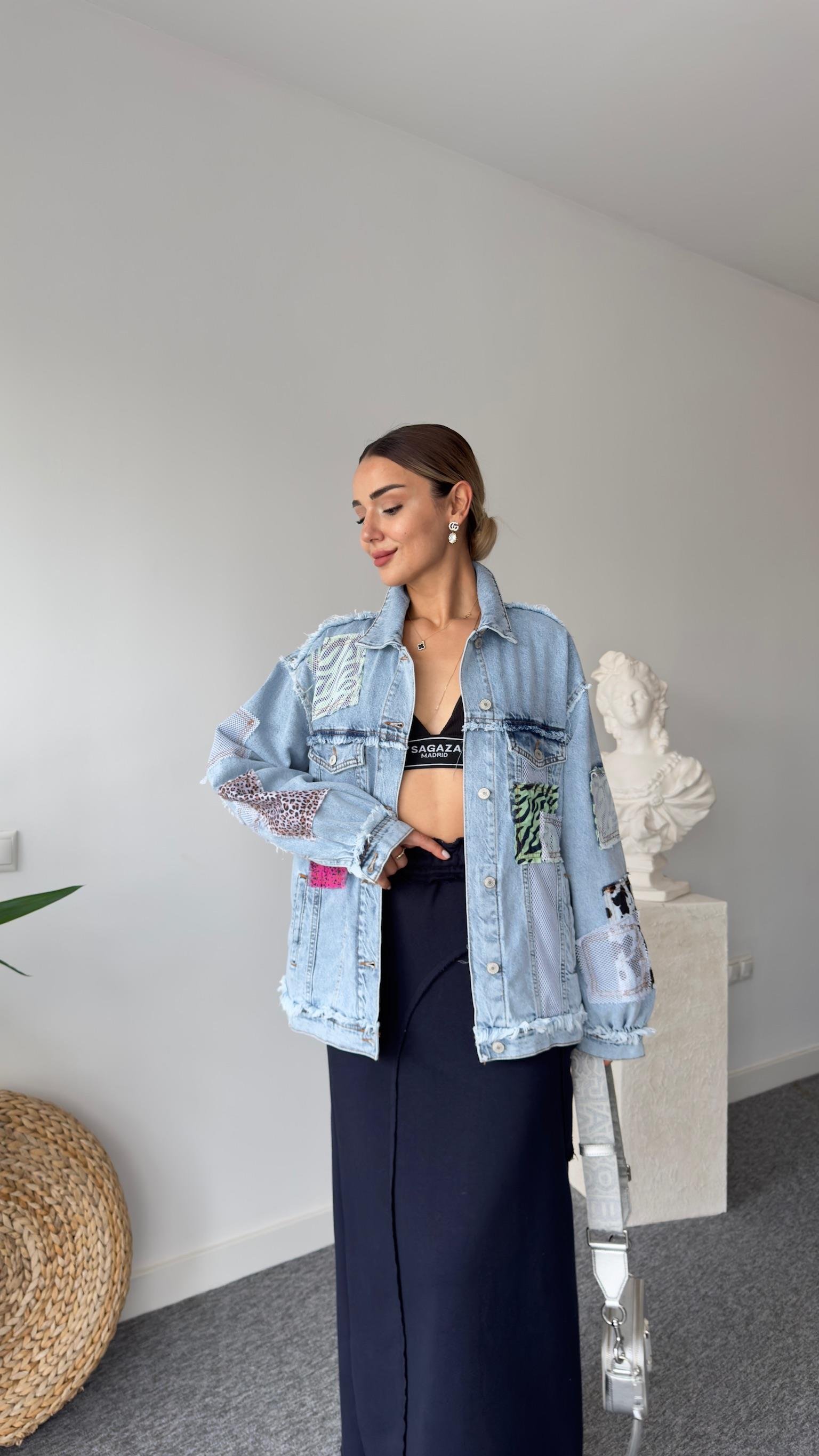Fileli Patchwork Tasarım Jean Ceket
