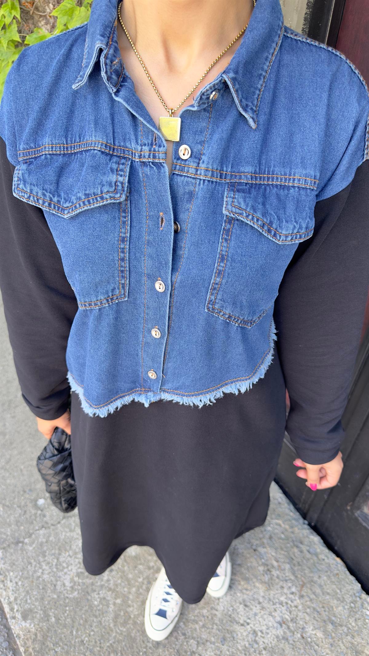 Kot Detay Siyah Tasarım Sweat Elbise