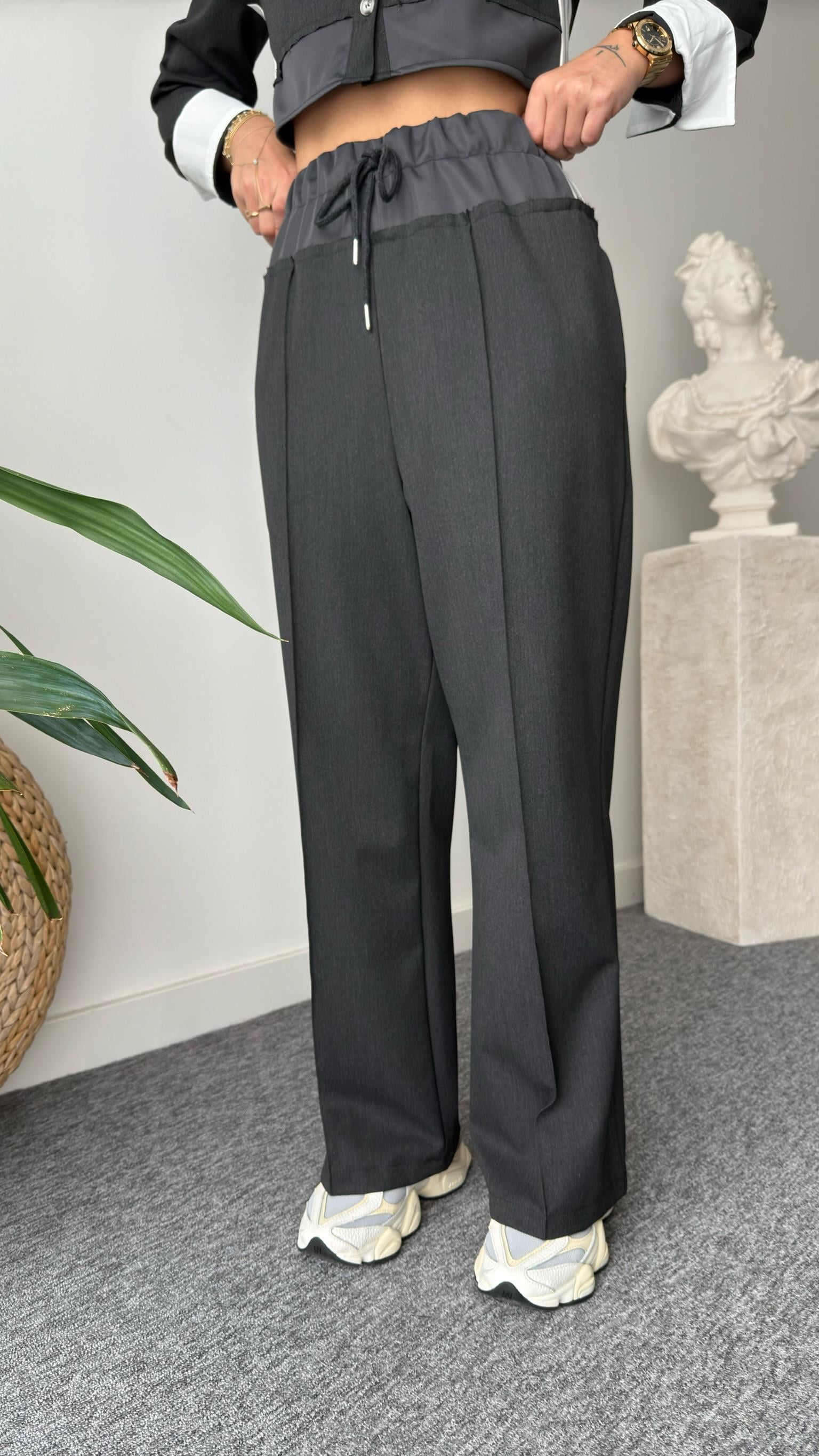 Linen Bel Detaylı Antrasit Pantolon