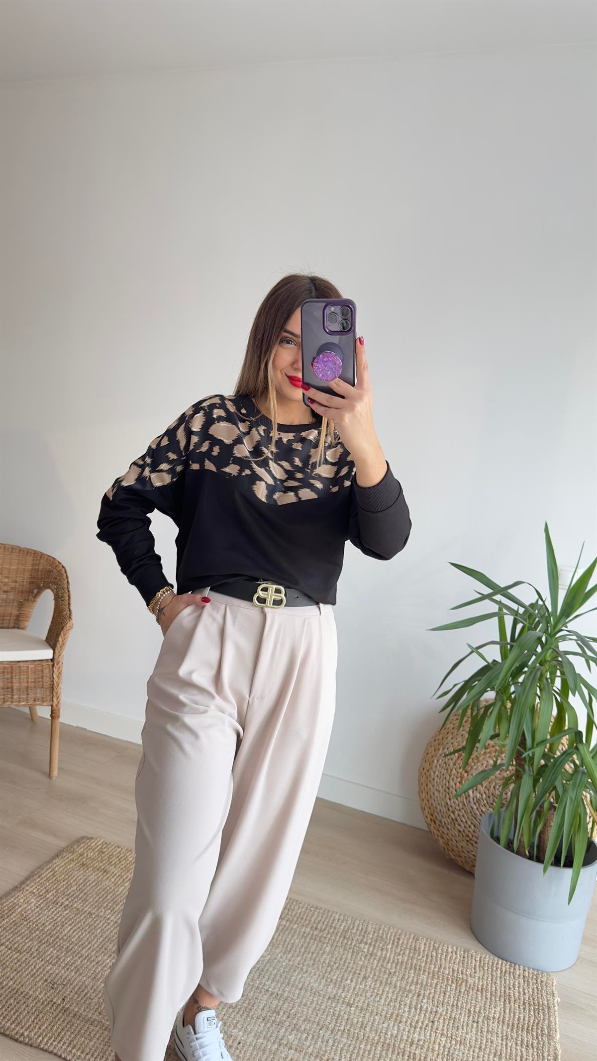 Beli Büzgülü Leopar Desen Sweat