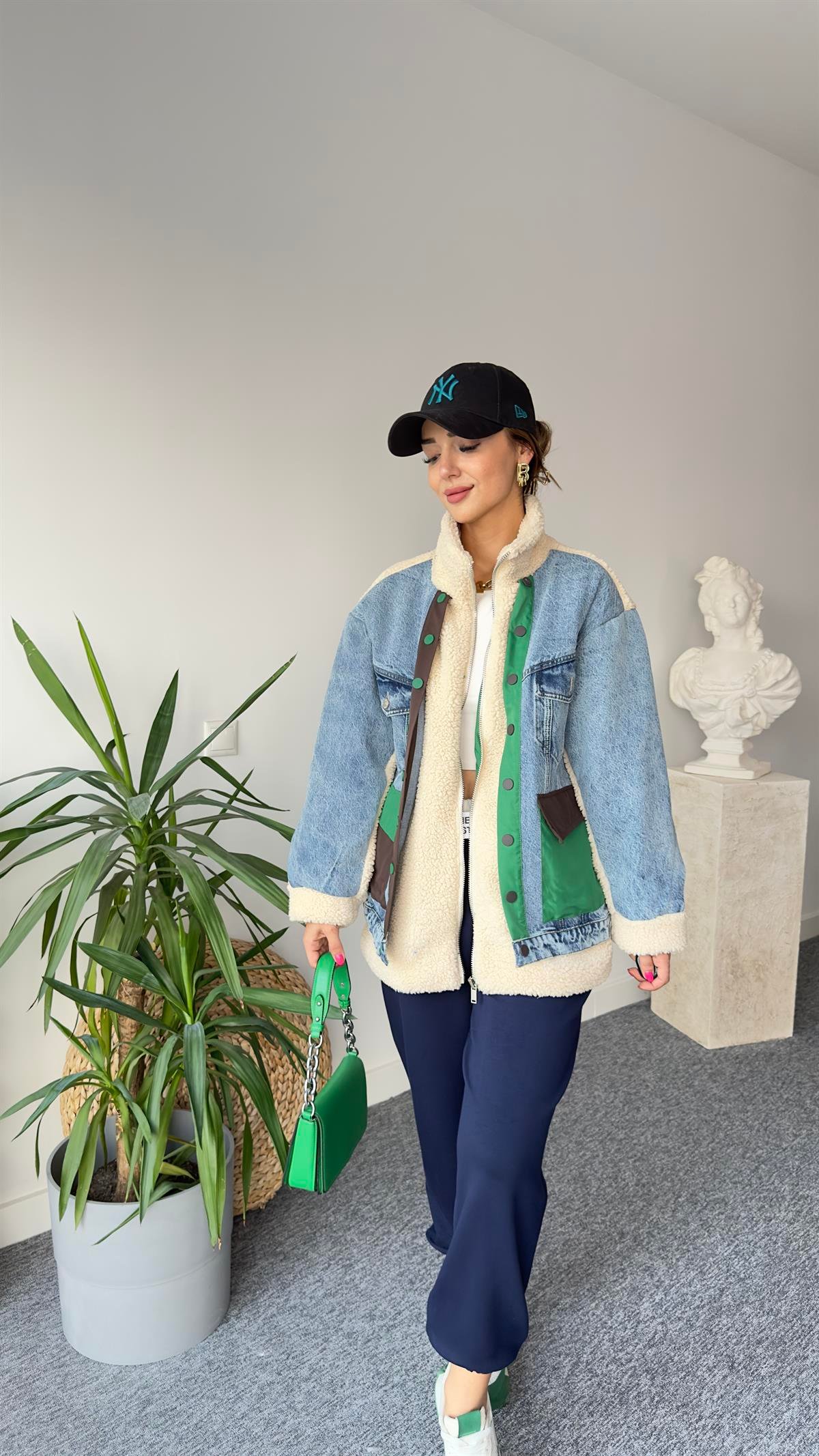 Denim Mix Yeşil Detay Peluş Mont