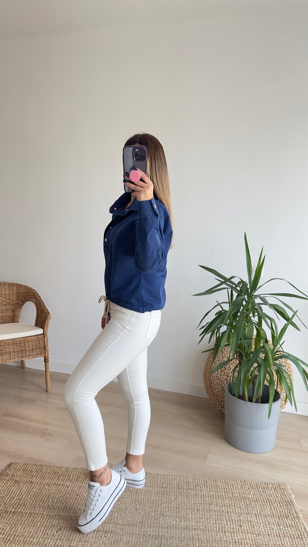 Düğmeli Dik Yaka Kot Sweat