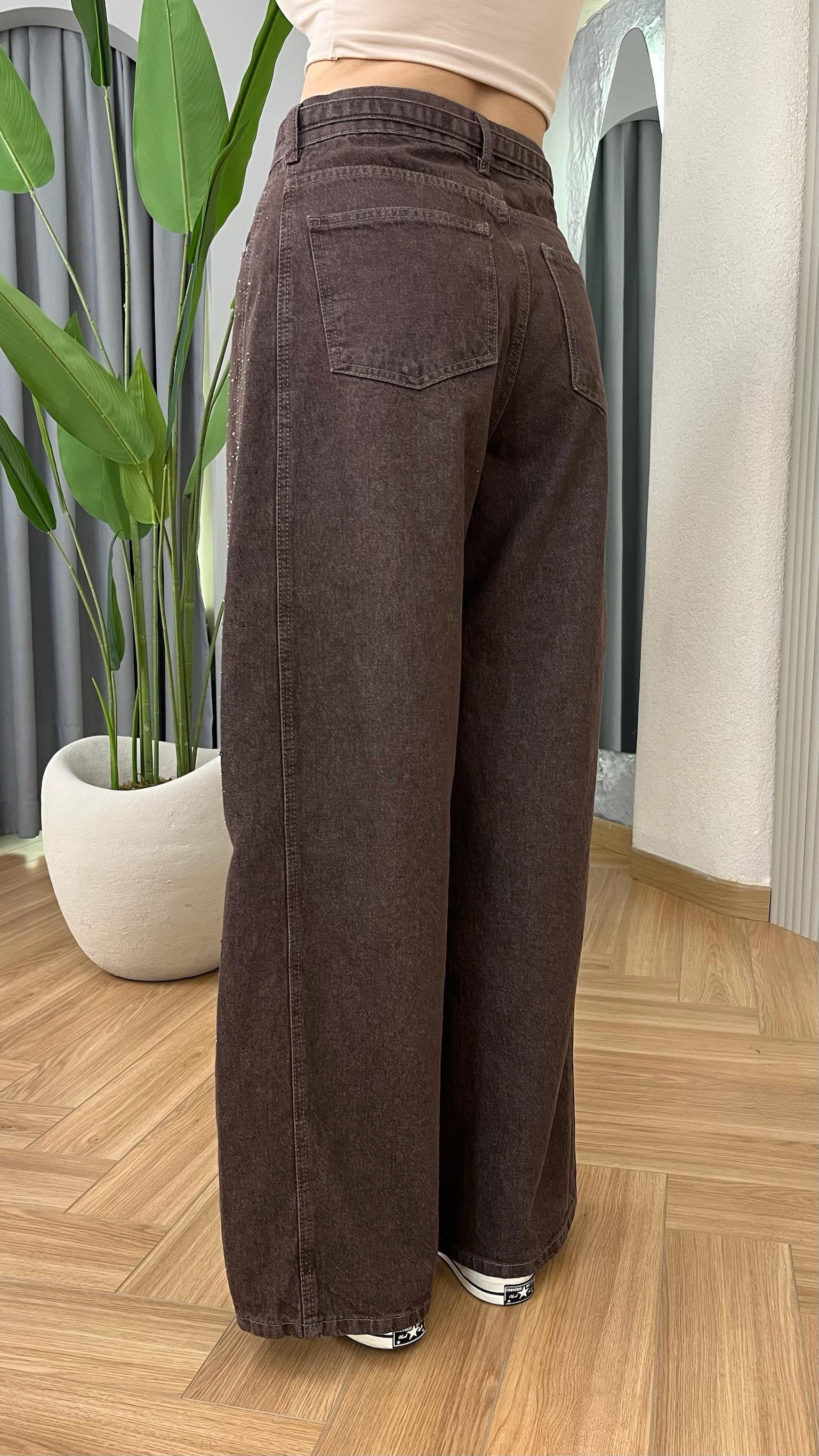 Mendi Taş Detaylı Kahve Jean