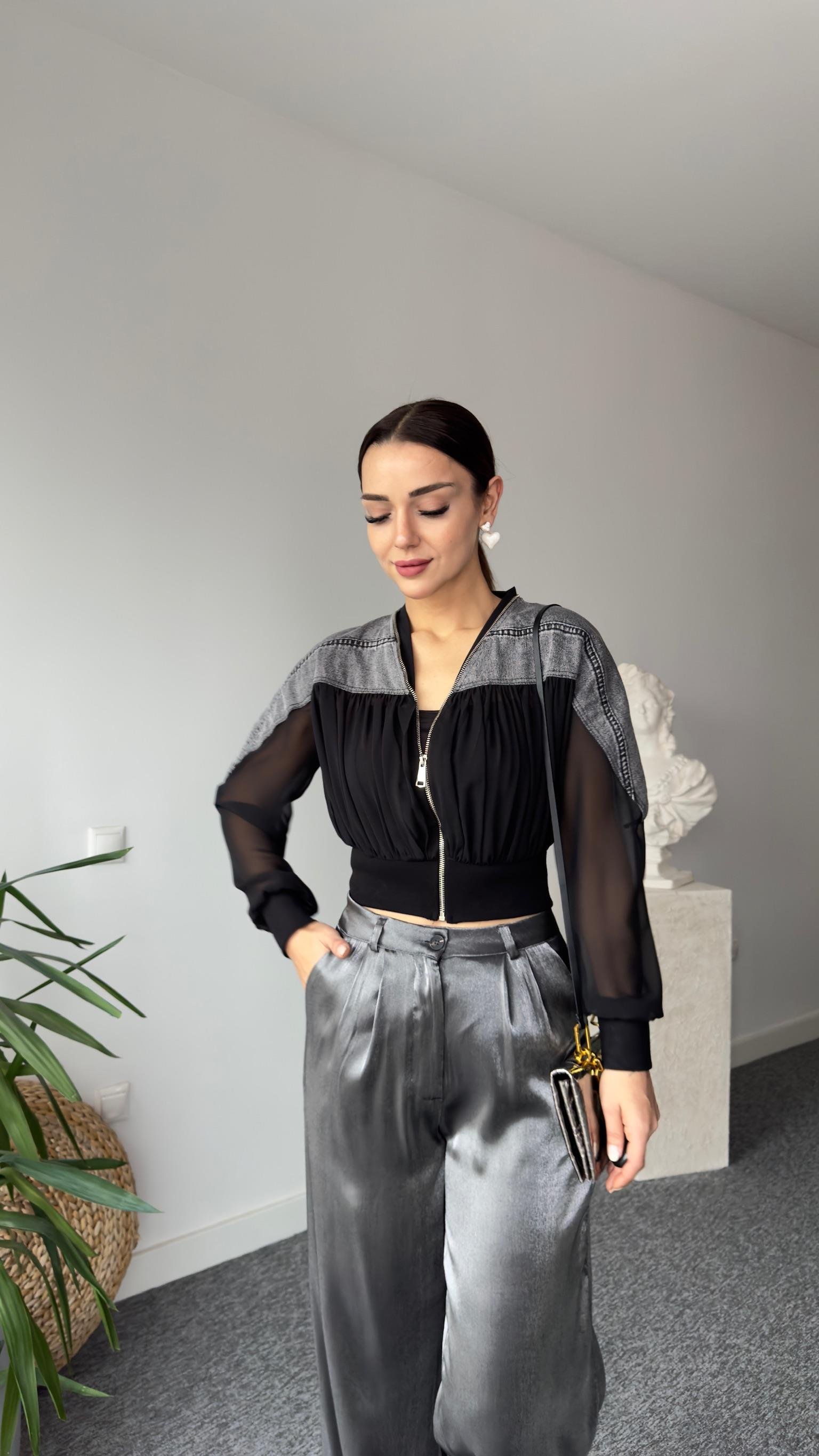 Gri Kot Detaylı Tasarım Tül Ceket