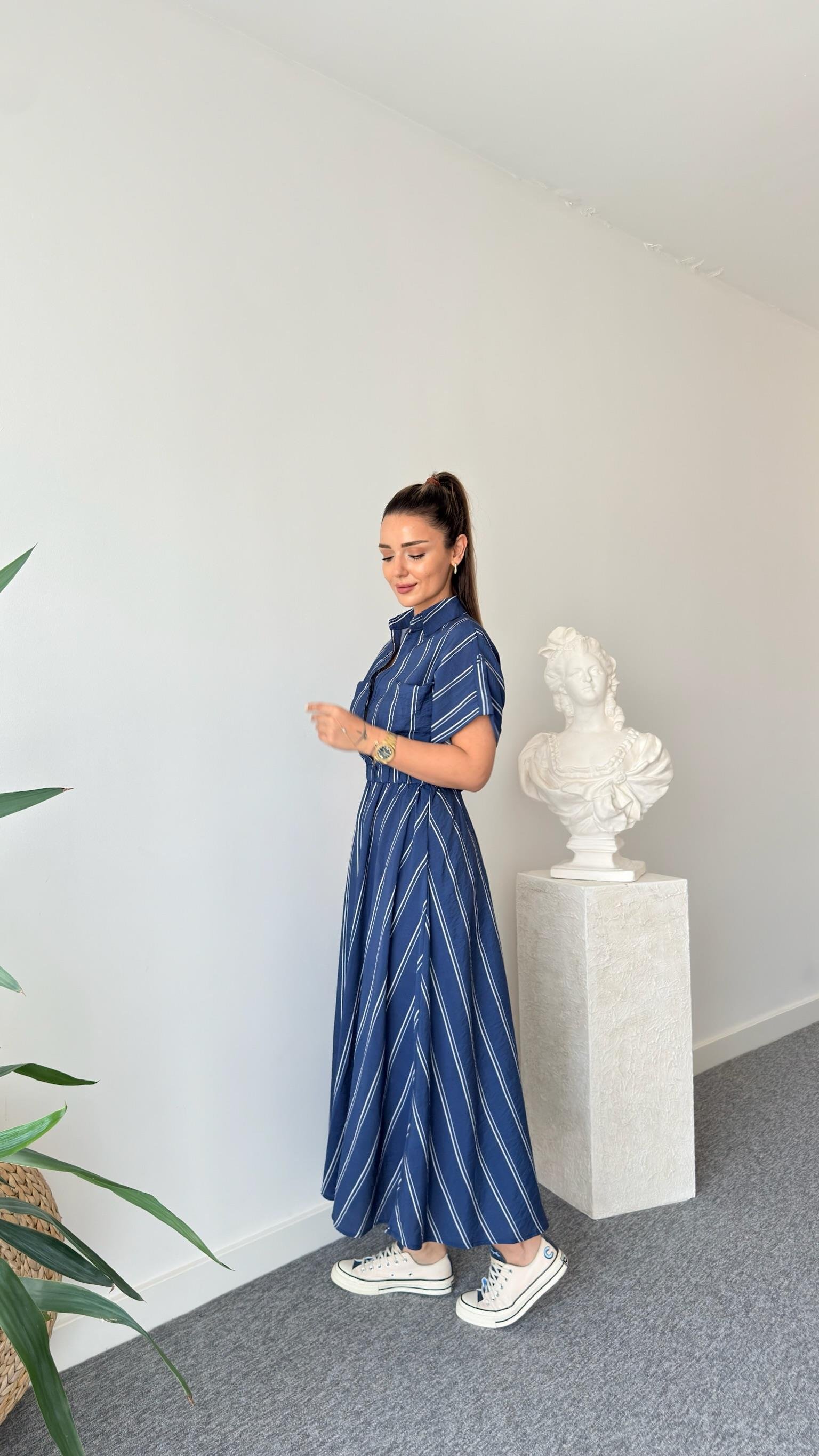 Varela Çizgili Gömlek Yaka Lacivert Elbise
