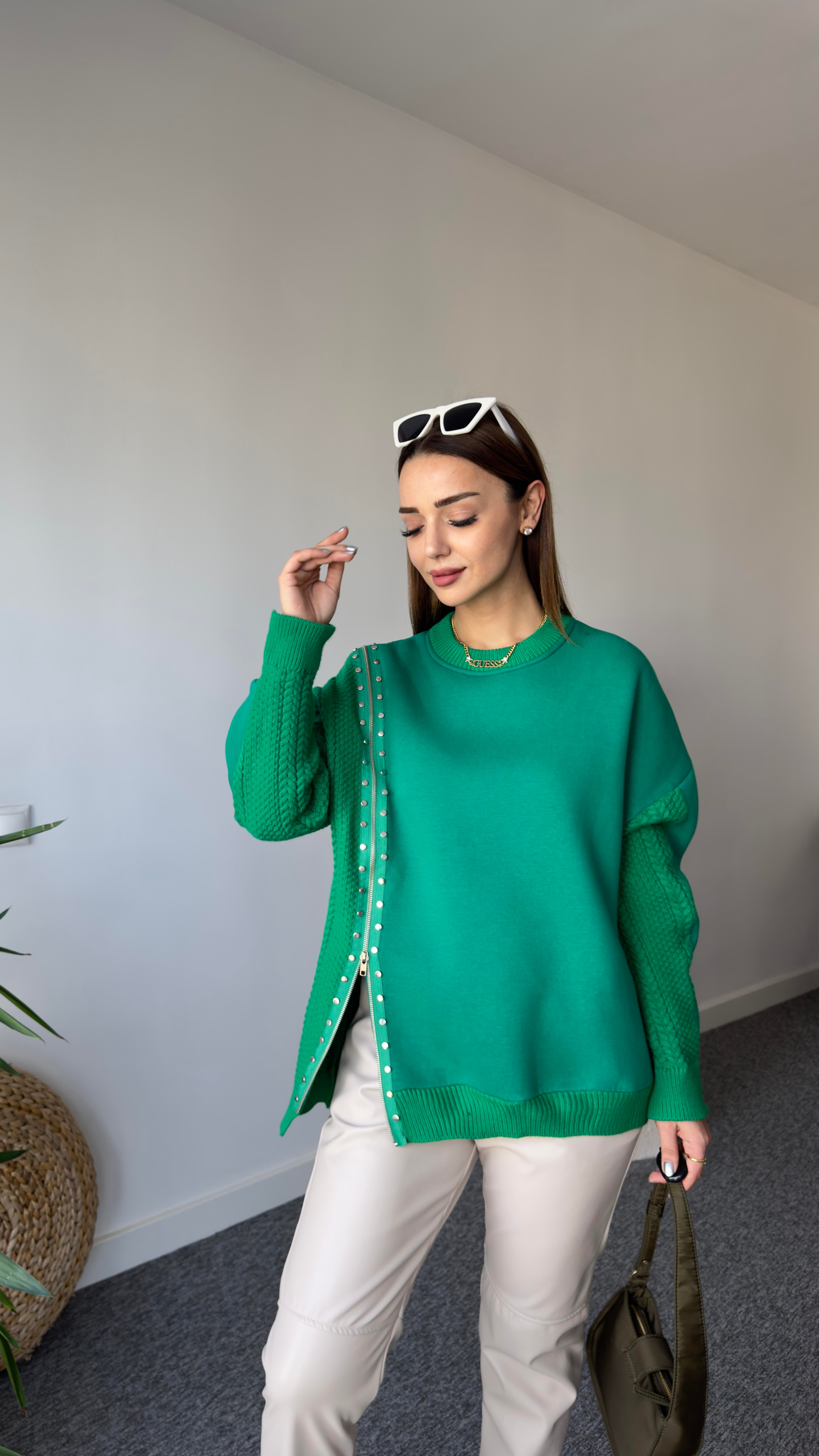 Fermuarlı Taş Detay Orj Model Yeşil Tasarım Sweat