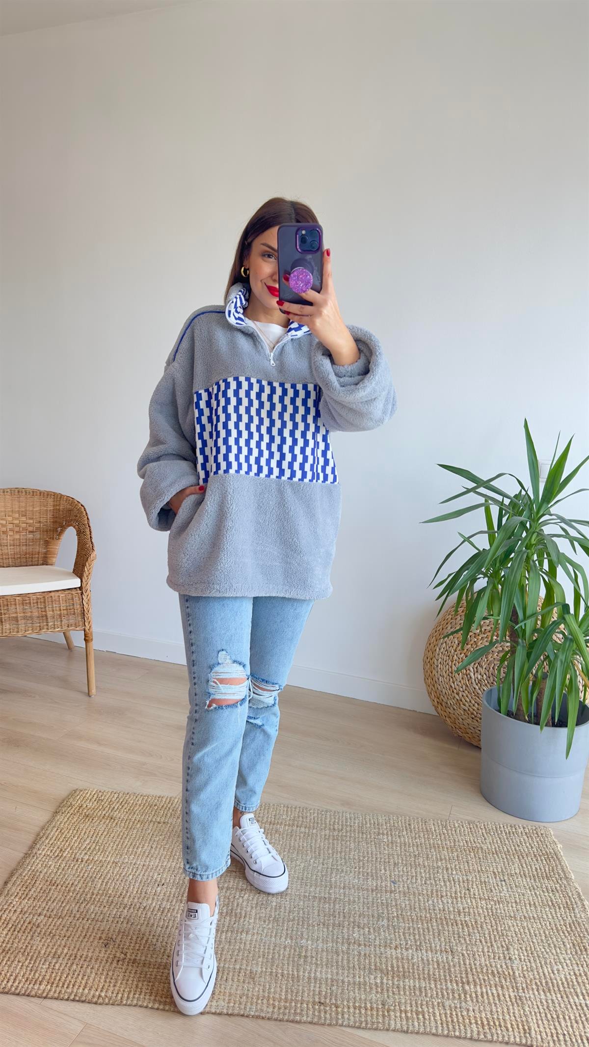 Mavi Desenli Peluş Sweat