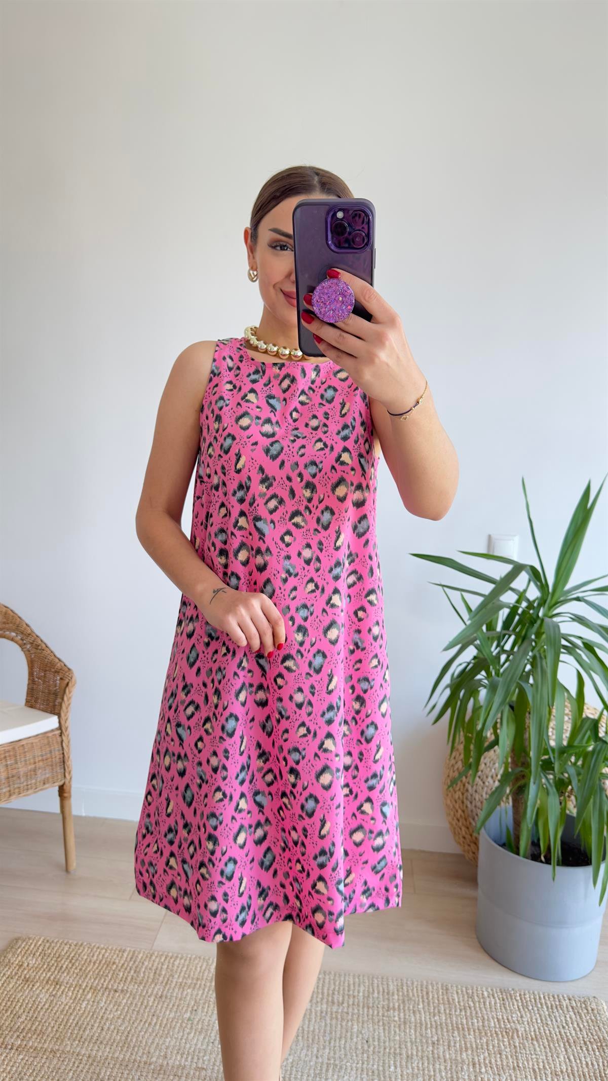 Rovena Leopar Desenli Pembe Elbise 