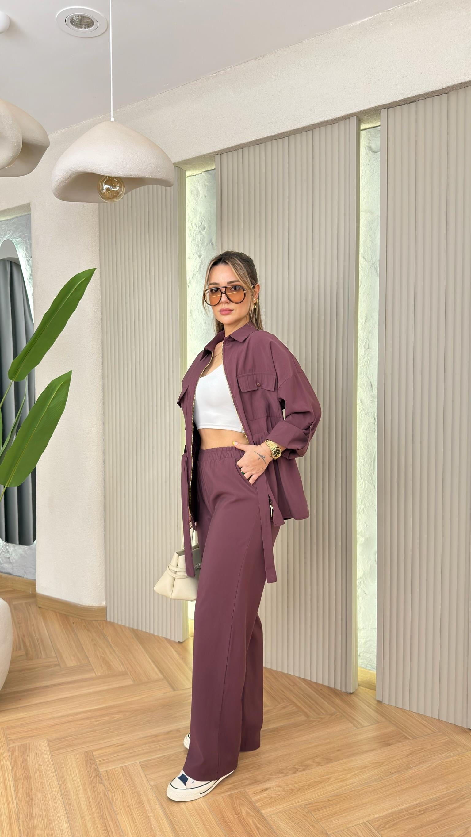 Bordo Lavita Fermuarlı Bel Büzgülü Takım