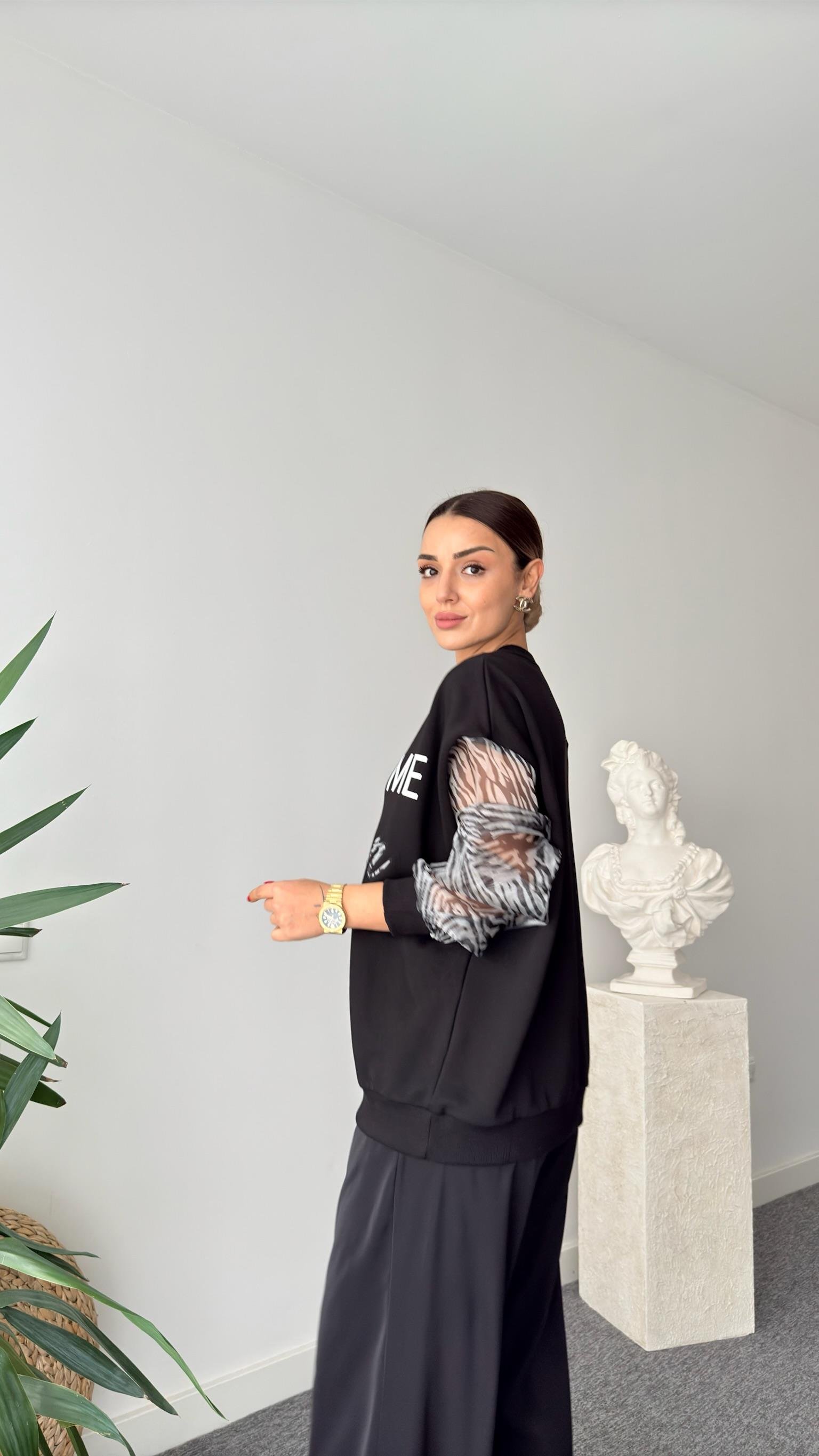 Fironi Kollar Organze Yazılı Siyah Sweat
