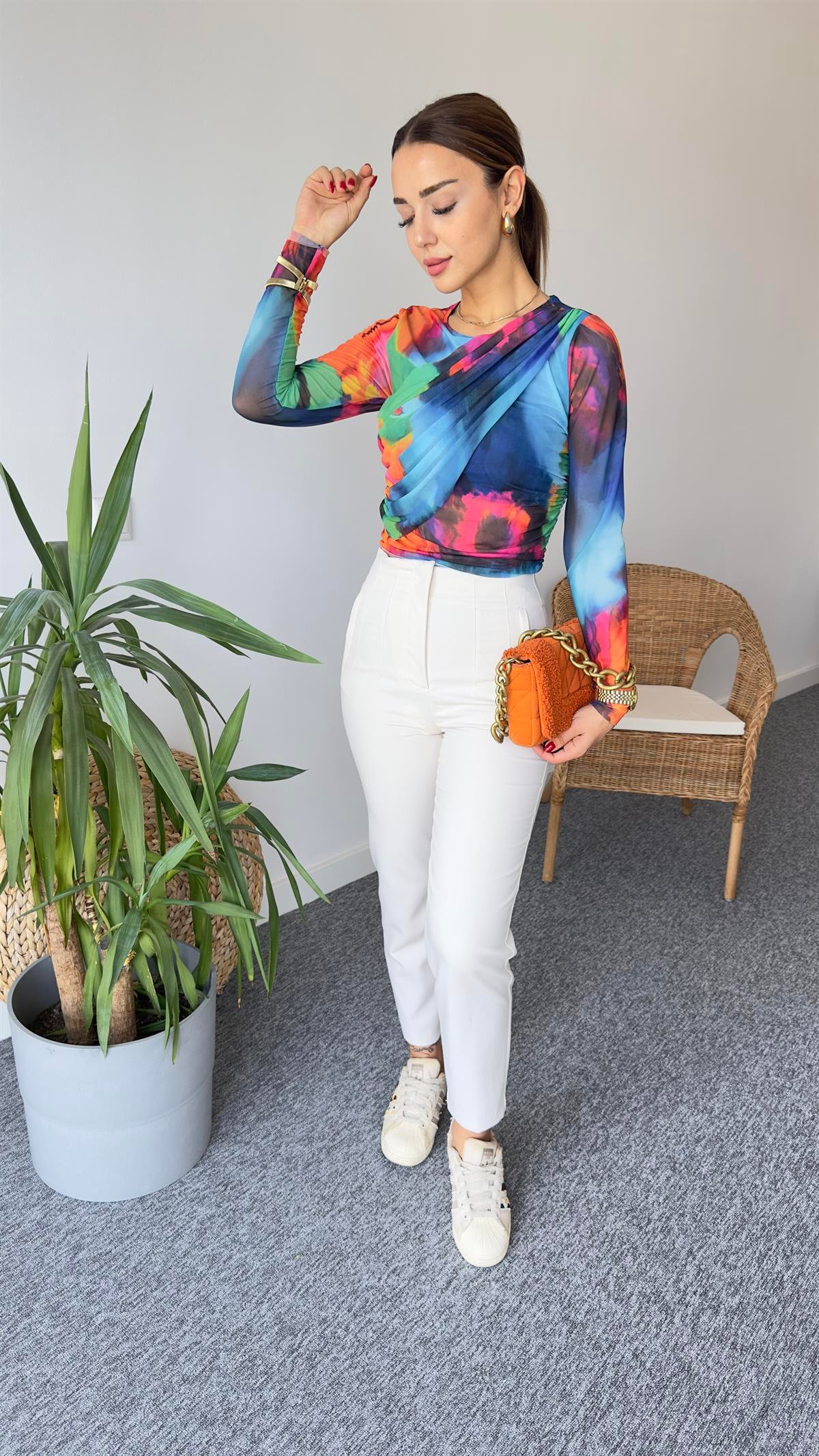 Yandan Büzgü Renkli Crop Bluz