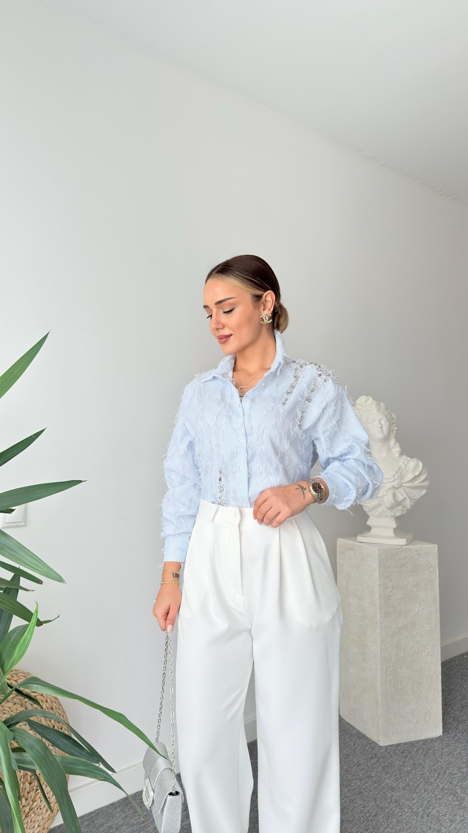 Fringed Taş İşlemeli Çizgili Tasarım Gömlek