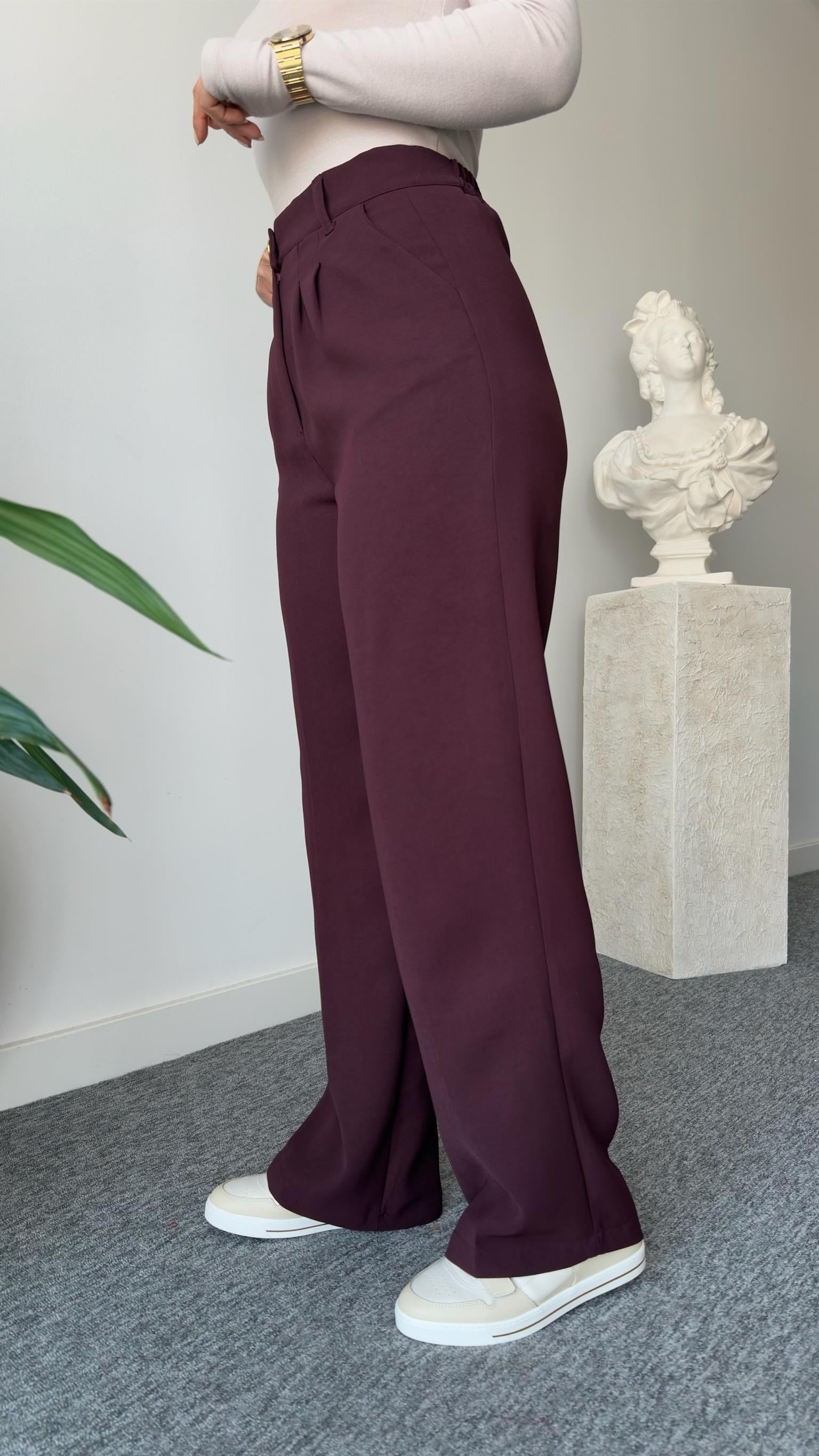 Bordo Gold Düğme Bel Lastikli Pantolon