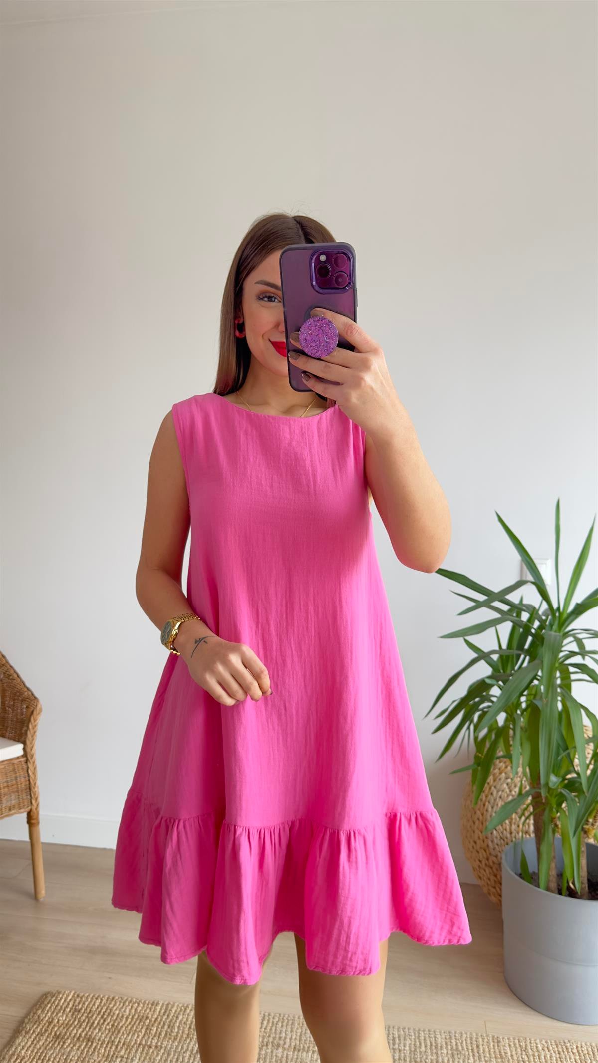 Eteği Fırfırlı Pembe Keten Elbise 