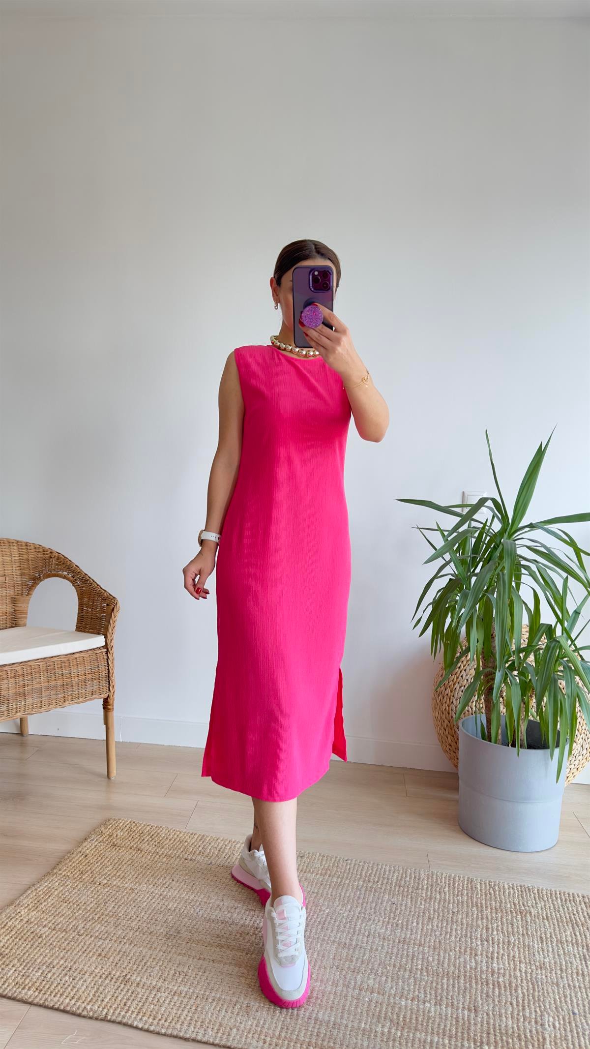 Yırtmaçlı Pembe Basic Elbise