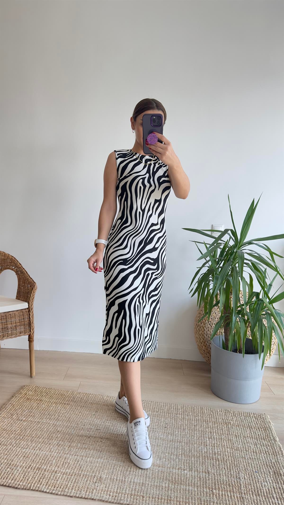 Flori Zebra Desen Yırtmaçlı Elbise
