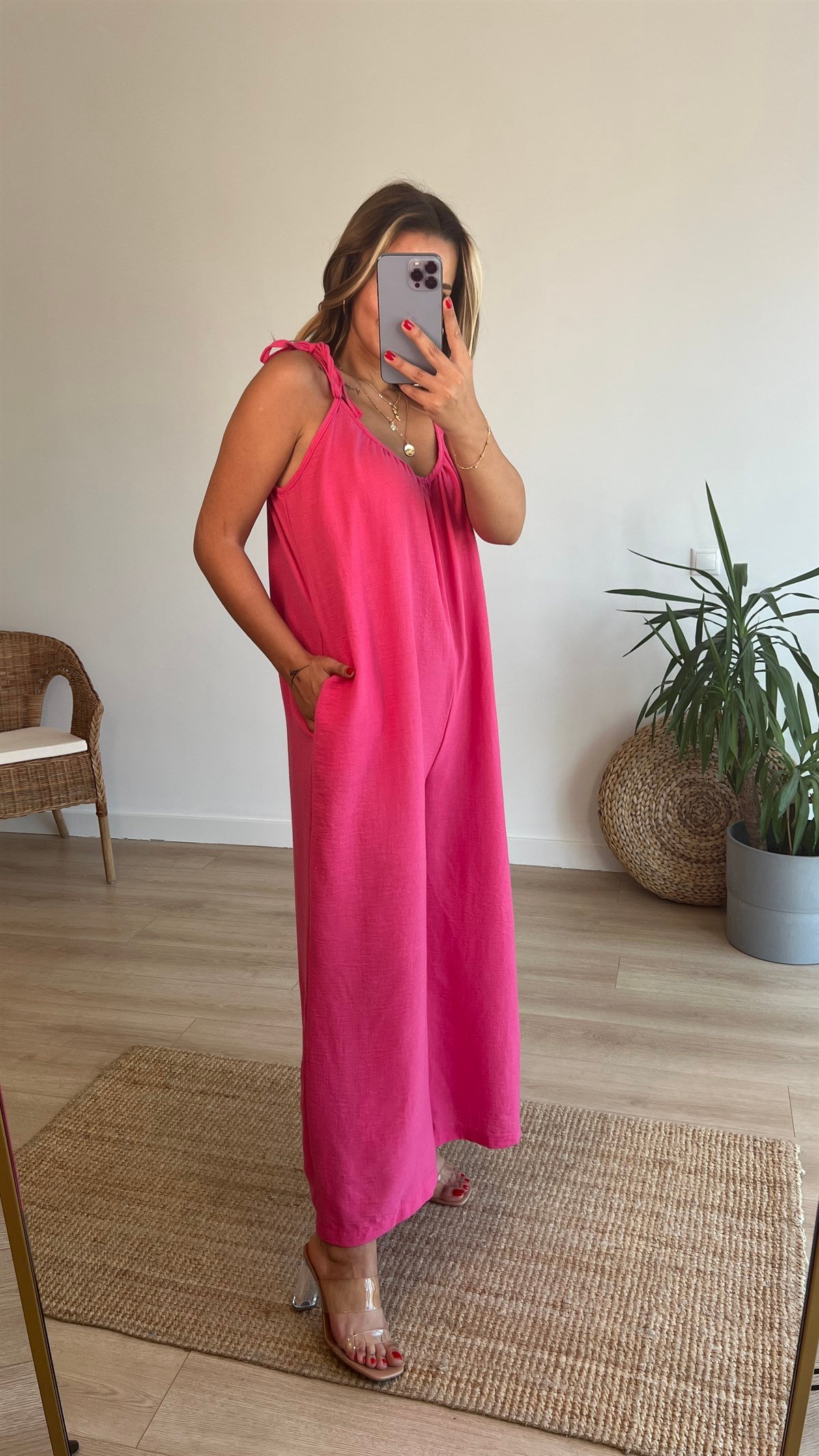 Ayarlanabilir Askılı Pembe Bol Keten Tulum