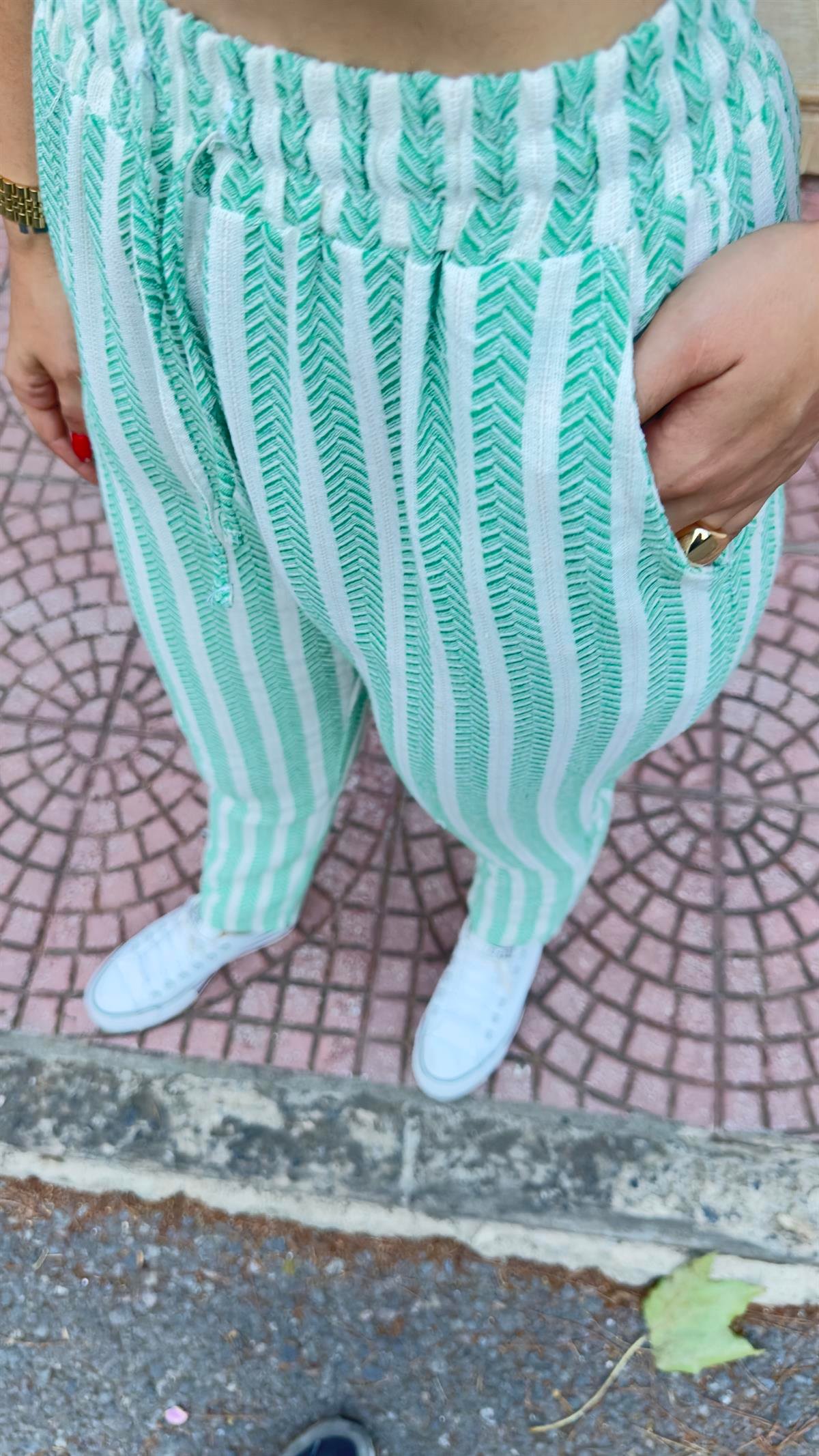 Yeşil Şeritli Örme Pantolon