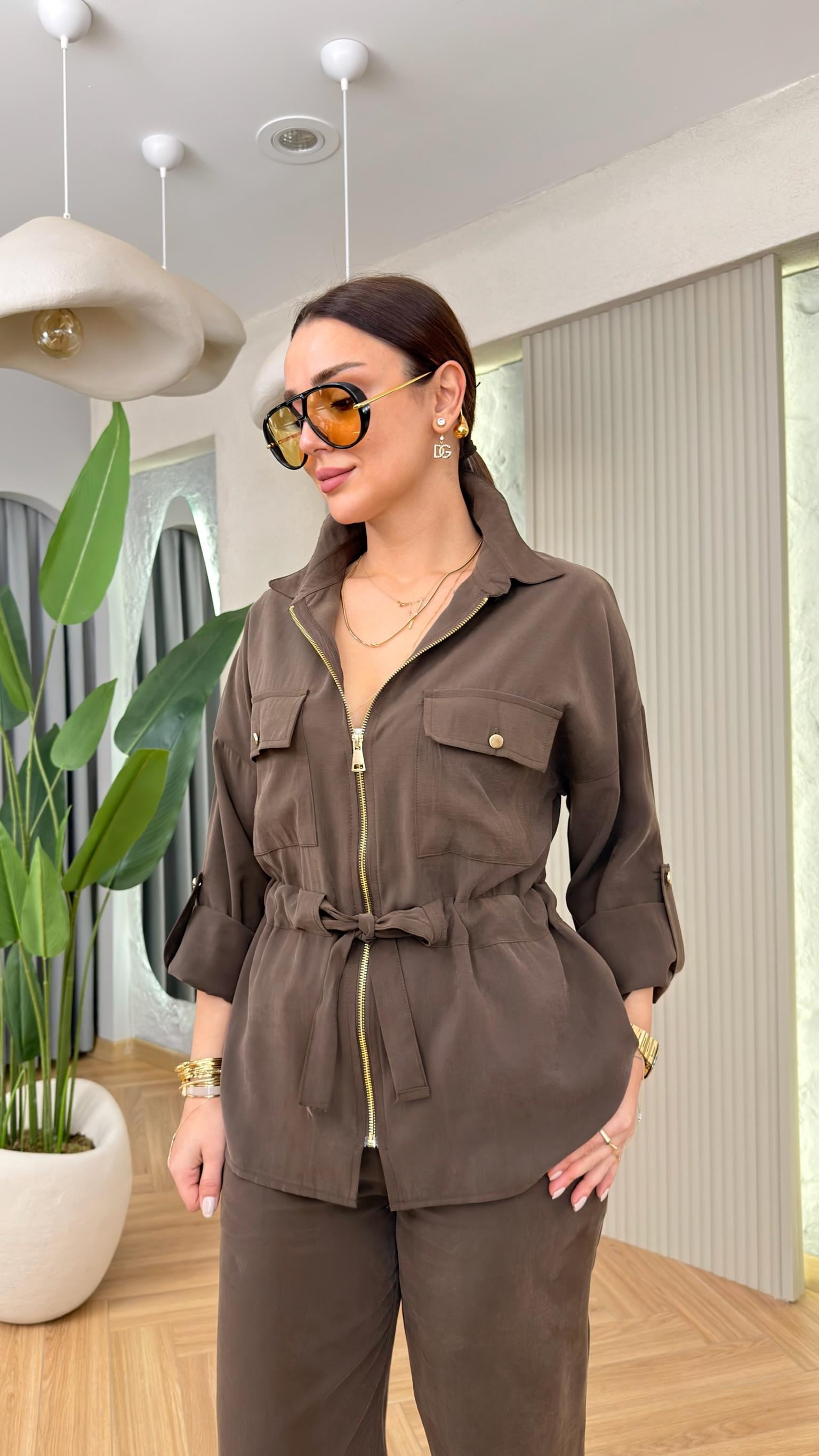 Kahve Lavita Fermuarlı Bel Büzgülü Takım