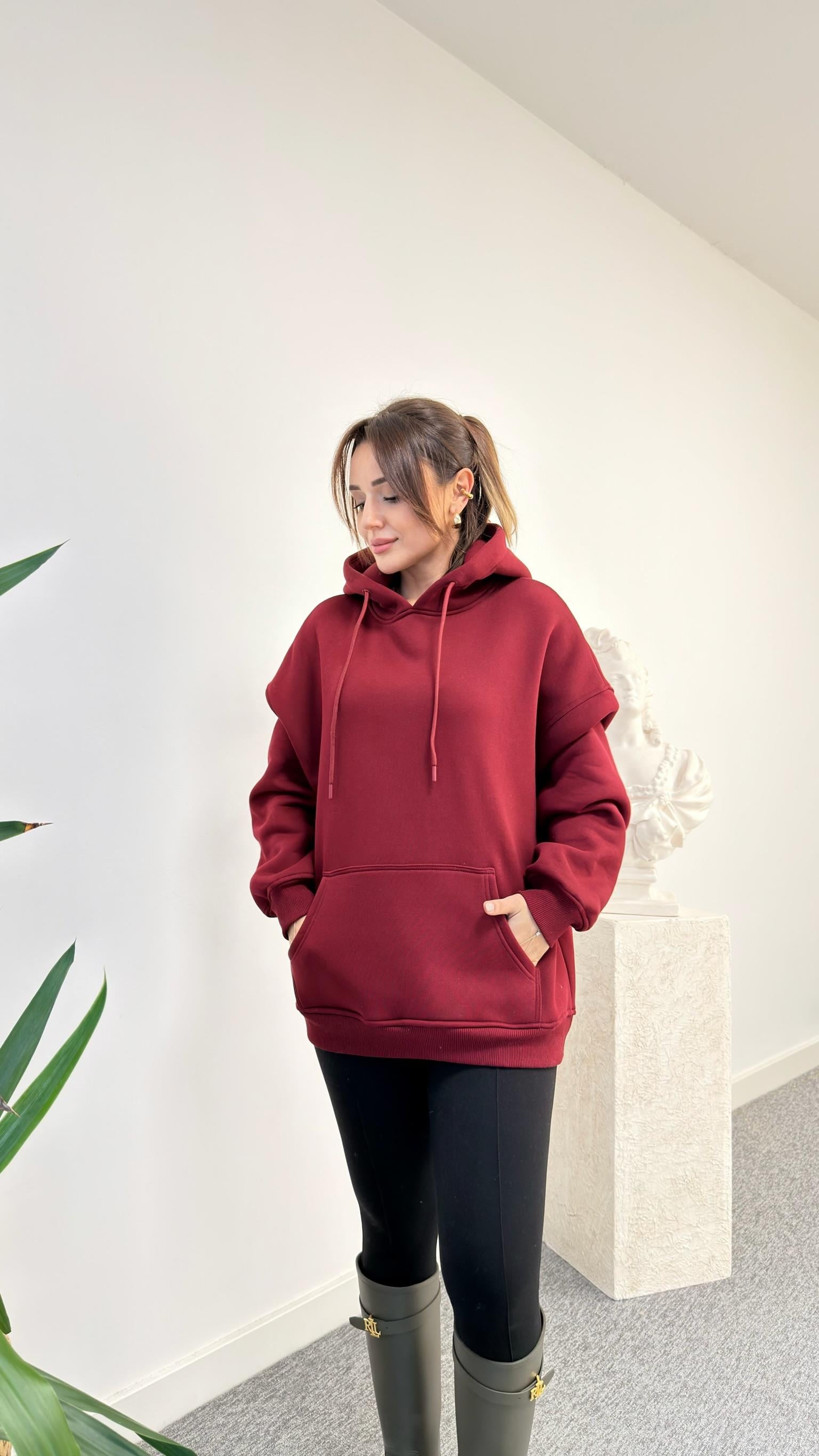Bordo Sırtı Mickey Aksesuarlı Kapüşonlu Sweatshirt