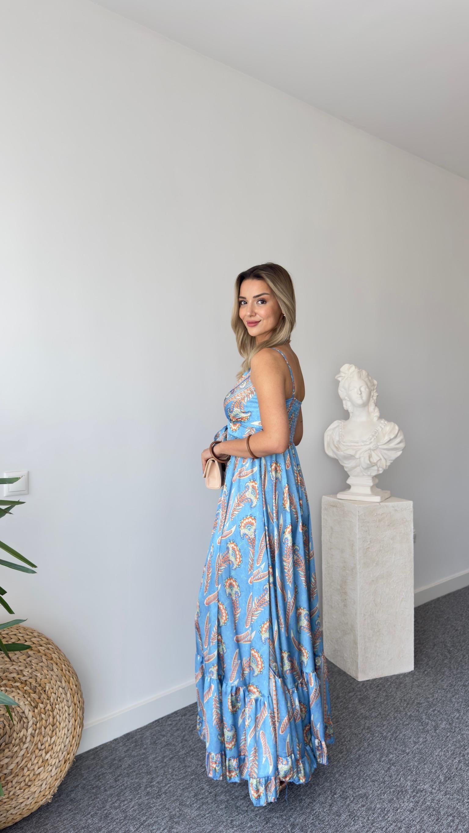 Mavi Etnik Desen Saten Premium Elbise