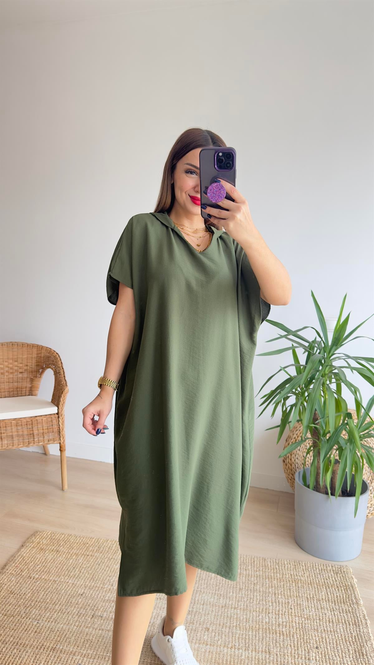 Oversize Haki Kapüşonlu Elbise 