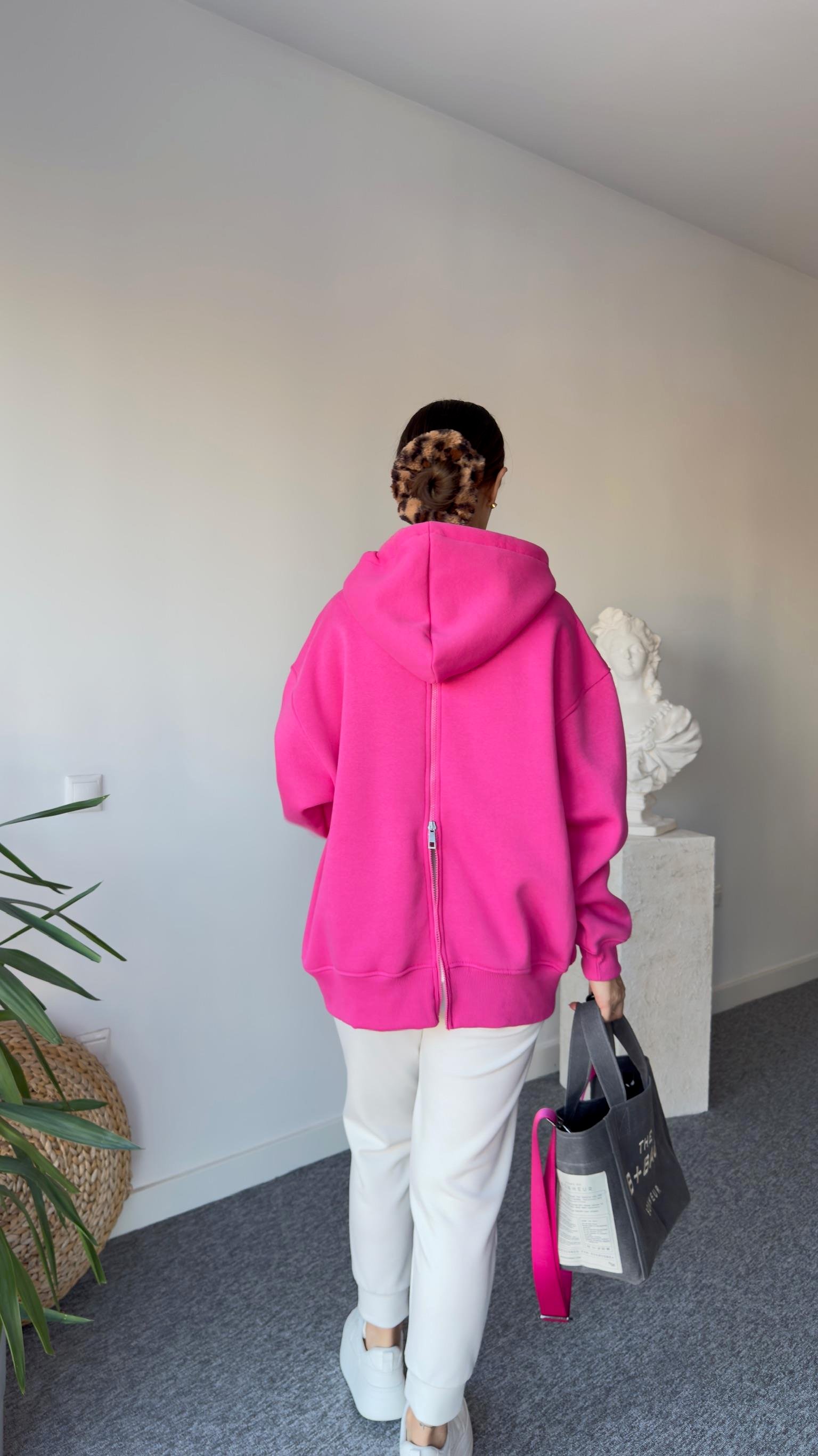 Sırt Fermuarlı Kapüşonlu Pembe Sweatshirt