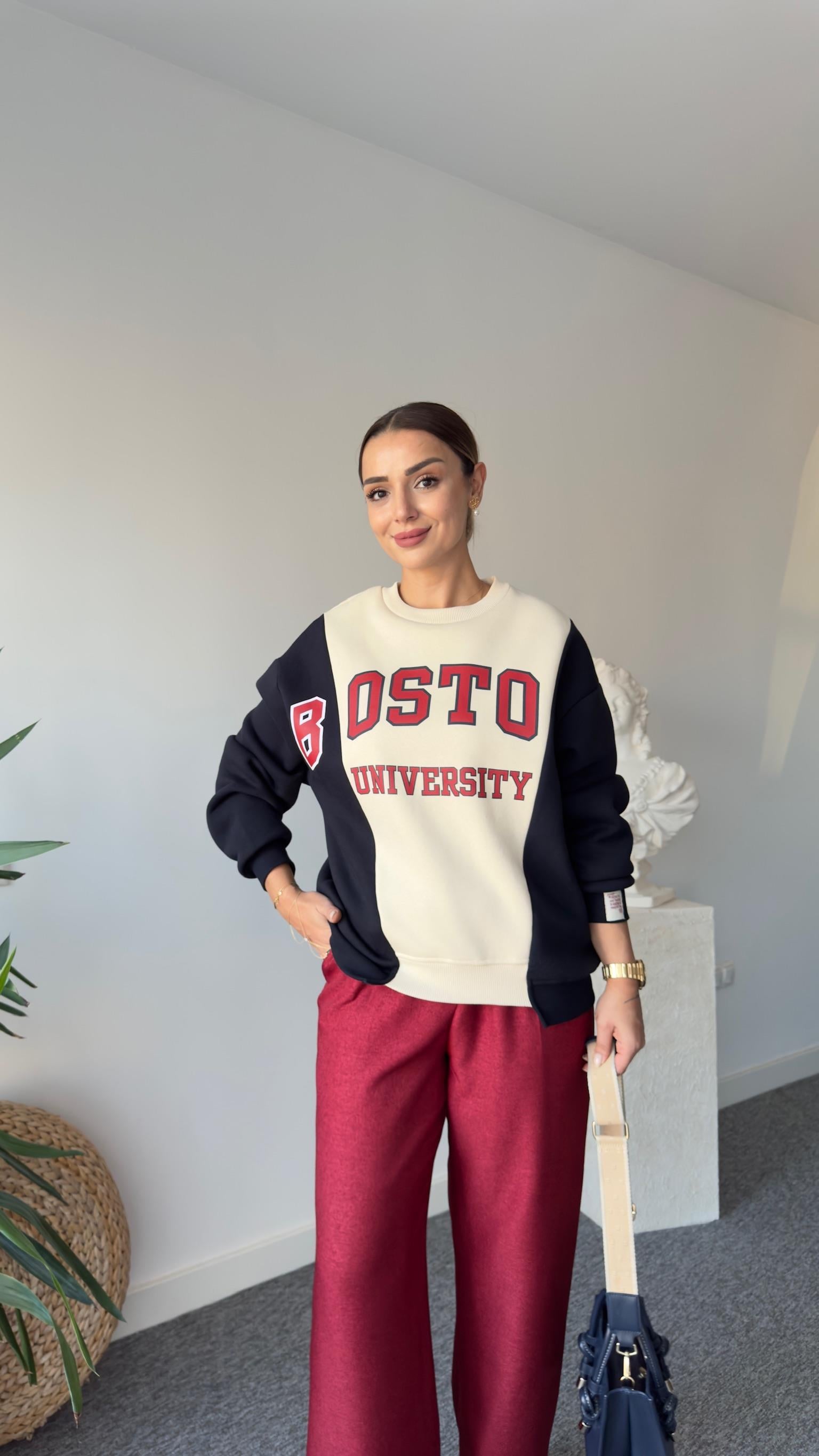 Boston Yazılı Çift Renk Sweatshirt