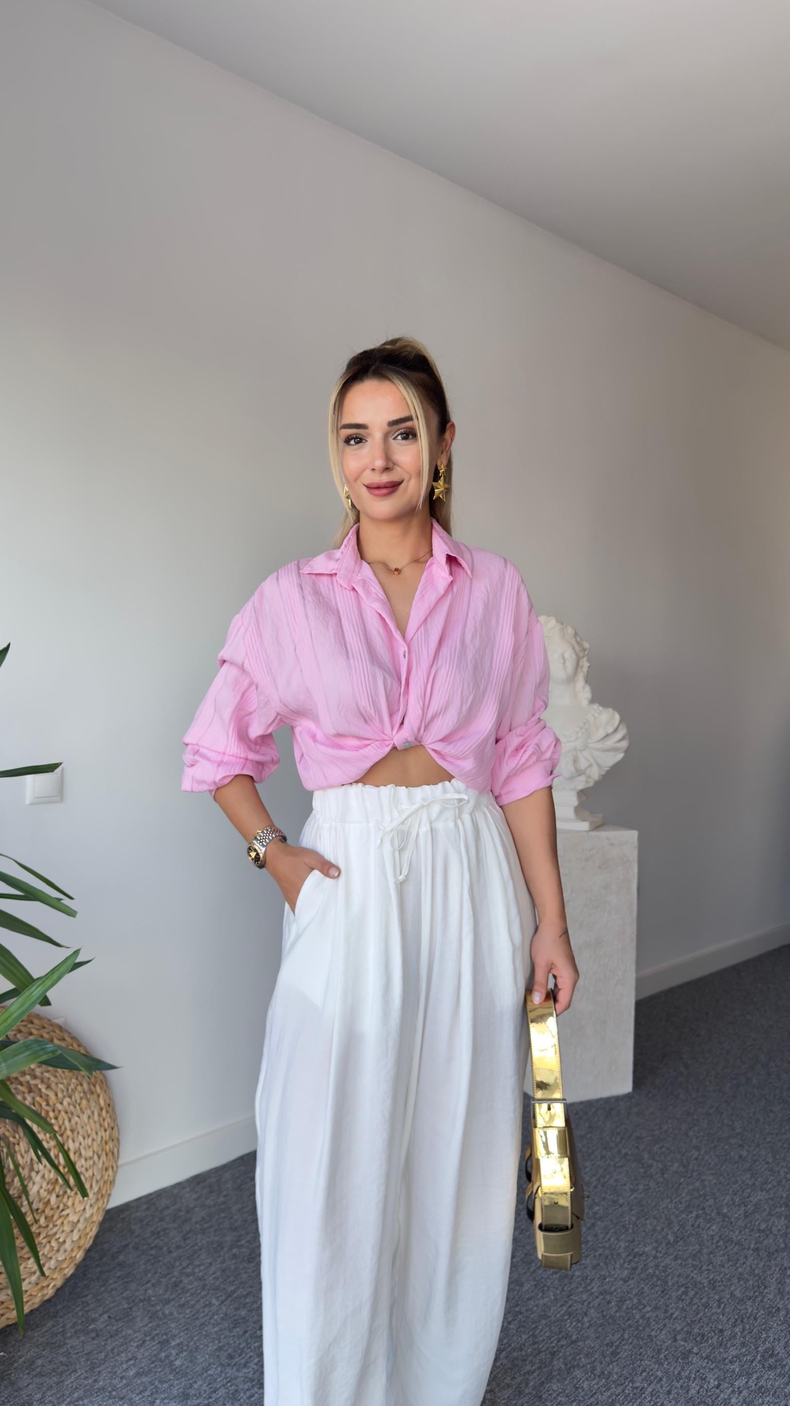 Çizgili Pembe Vual Gömlek