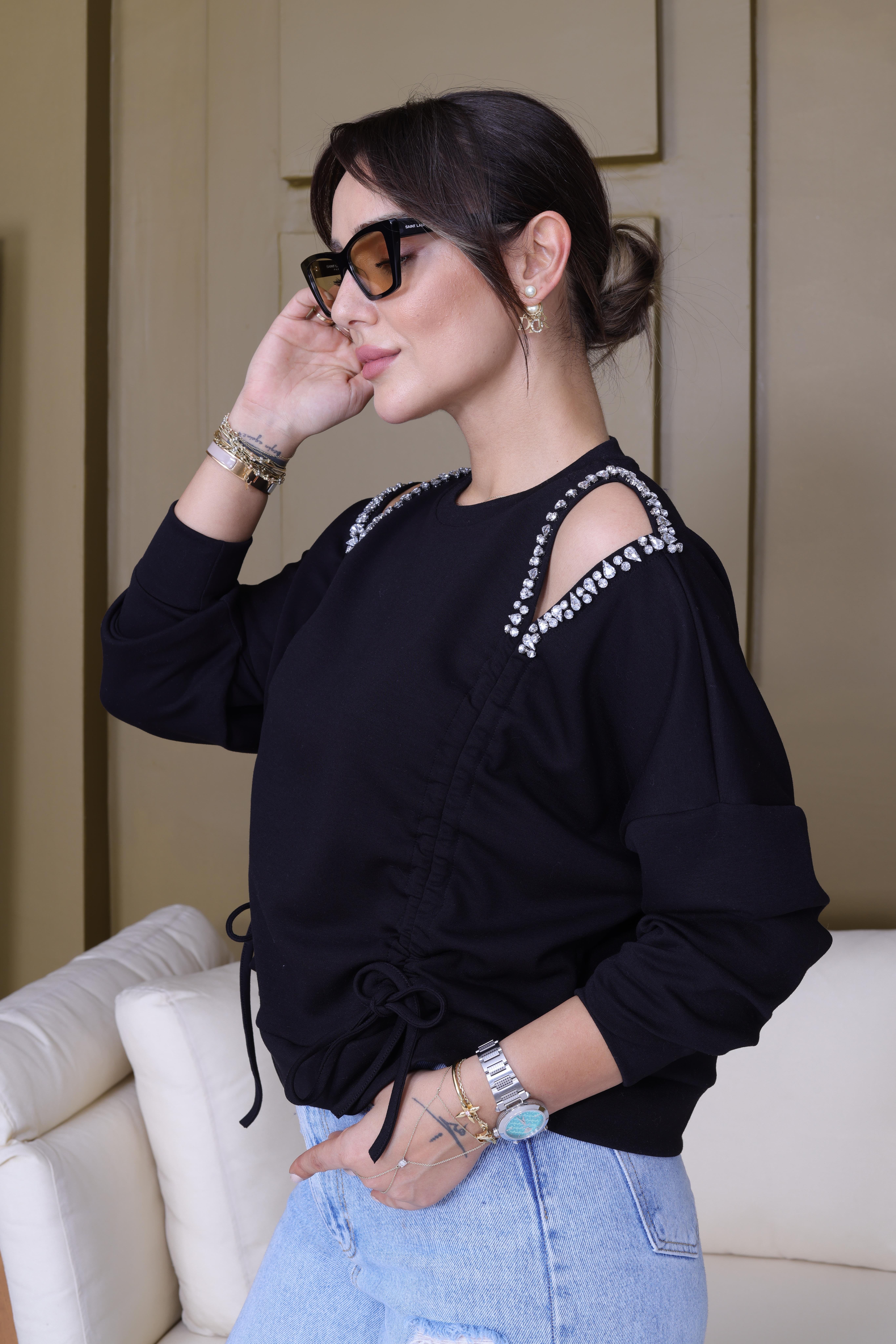 Siyah Loden Pencere Detay Taş İşlemeli Modal Sweat
