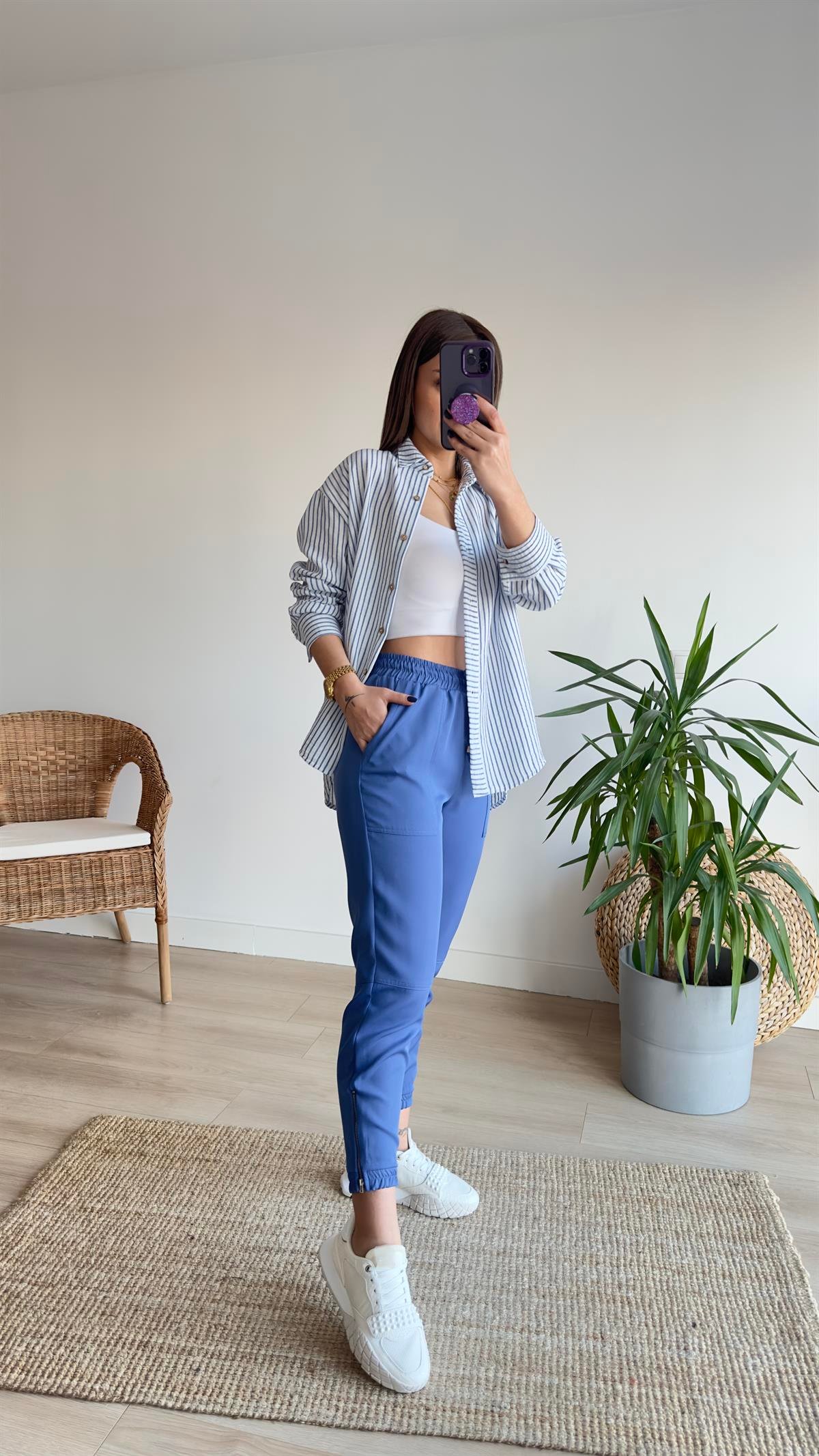 Paça Fermuarlı Mavi Pantolon